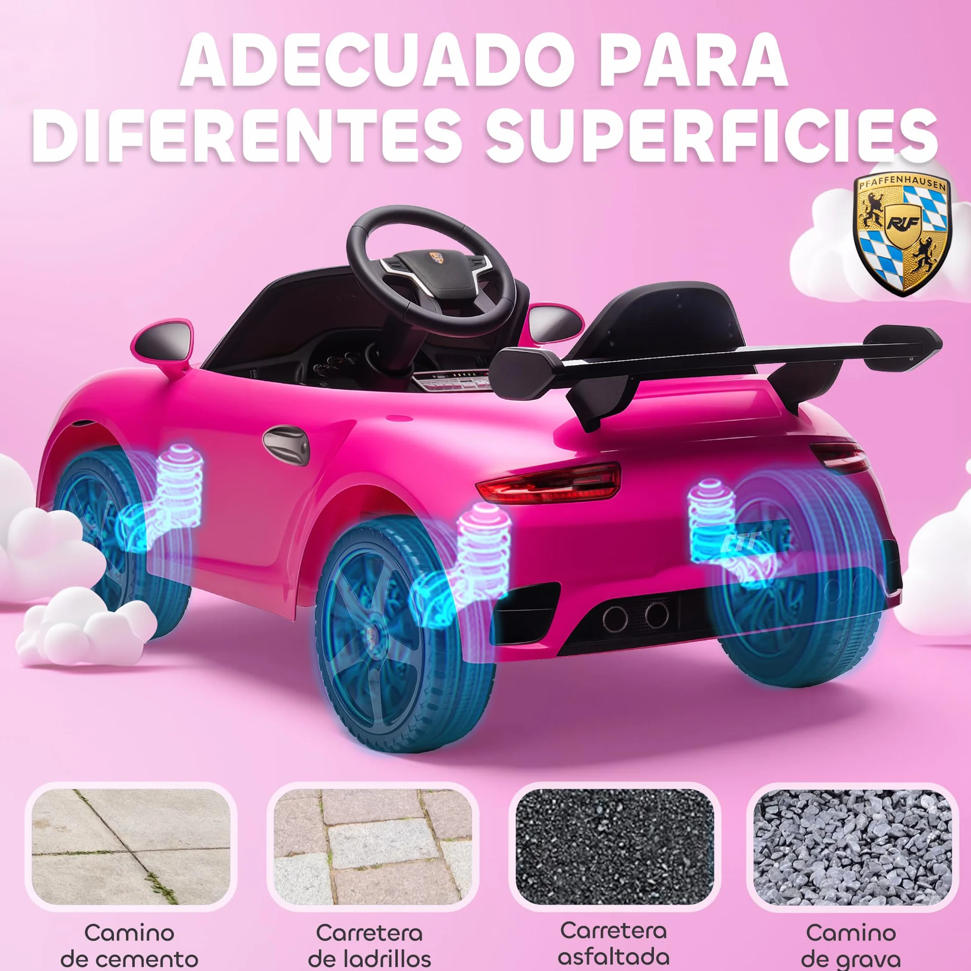 AIYAPLAY Coche Eléctrico para Niños con Licencia RUF CTR 3 Clubsport, Coche de Batería 12V, con Mando a Distancia 2,4 G, Motor Doble, Música Inalámbrica, Bocina, Ruedas Auxiliares y Faros LED, Rosa