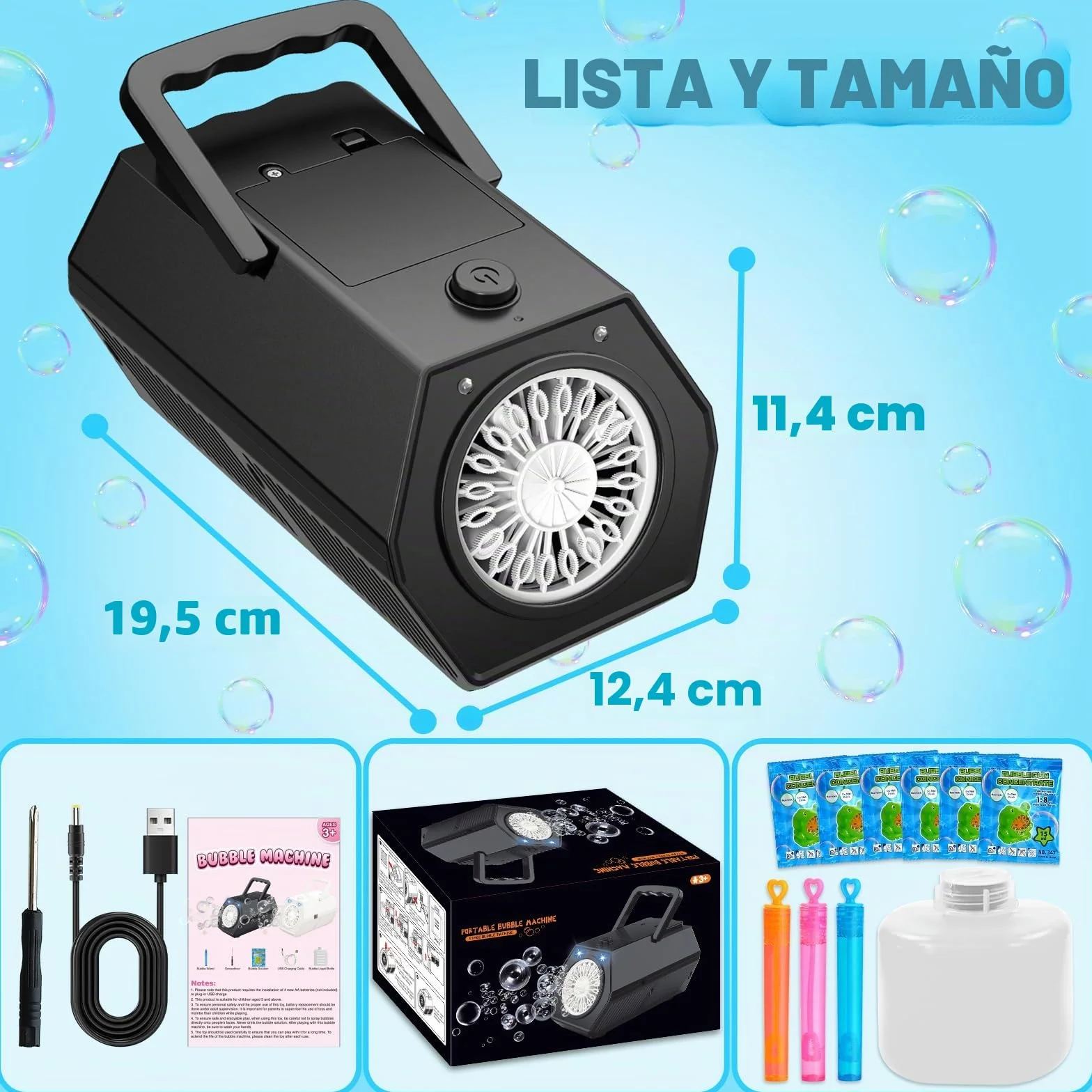 Maquina Burbujas, Más de 18.000 Burbujas por Minuto, Bubble Machine Automatico, Portátil Maquina de Burbujas para Niños, Juguetes Cumpleaños Invitados niños Fiestas Boda Exteriores (Negro)