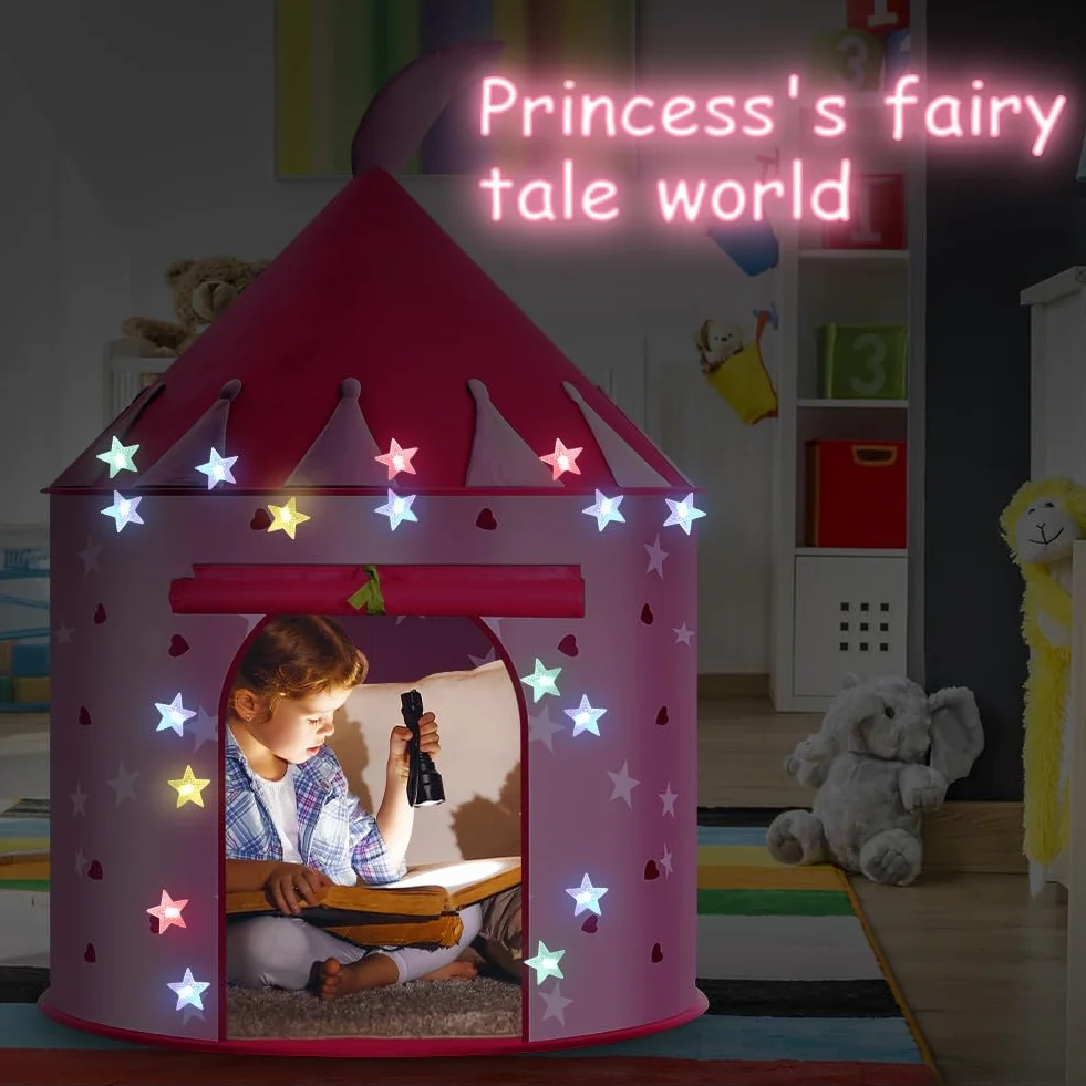 HOTUT Tienda para Niños, Tienda de Campaña Infantil con Leds Cadena, Tienda de Campaña de Princesa con 10 Pegatinas de Tatuajes, Carpa Infantil Plegable para Juegos de Interior y Exterior - Rosa