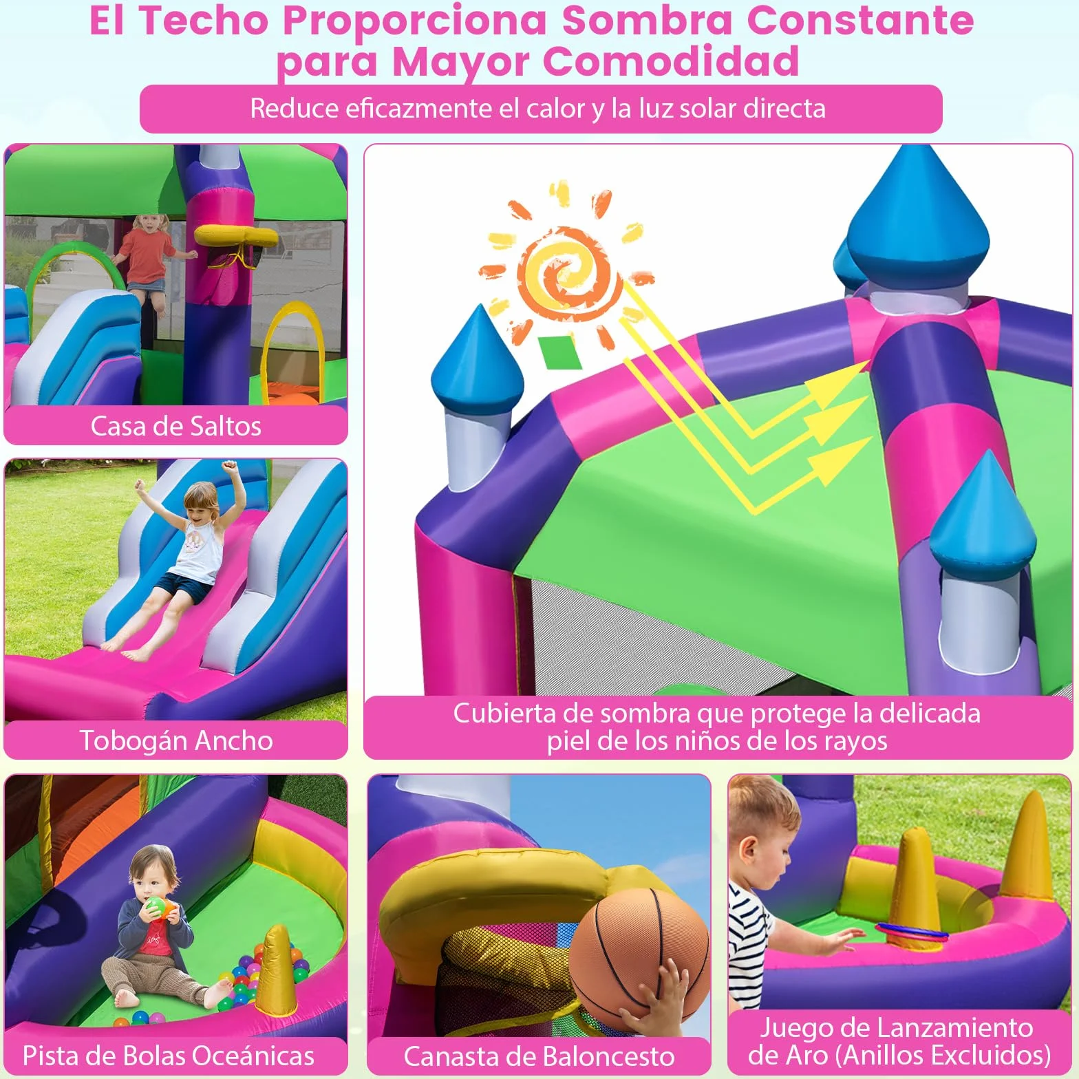 COSTWAY 5 en 1 Castillo Hinchable para Niños, Castillo Hinchable Grande con Tobogán, Piscina de Bolas, Techo Sombreado, para Niños 3-10 Años, Insuflavel Criança Interior Exterior, 385 x 332,5 x 300 cm