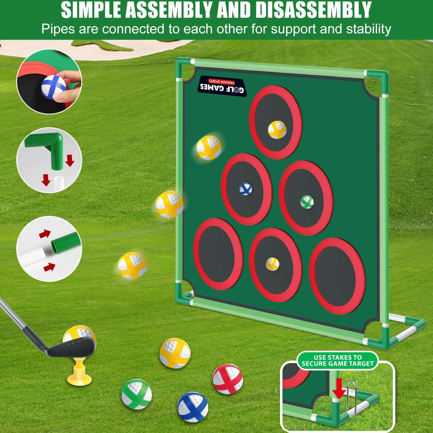 Mostop Juego de juego de golf – Juego de Cornhole para patio trasero incluye alfombrilla de putt, 20 bolas adhesivas, 6 fundas de agujero, bolsa de transporte, juegos de patio de golf para adultos