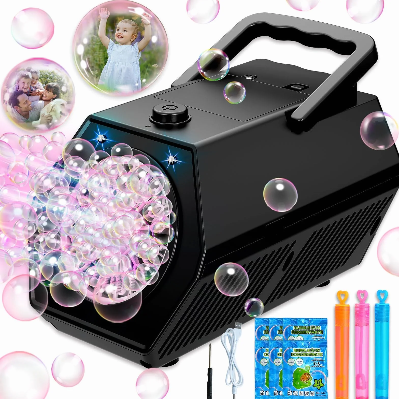 Maquina Burbujas, Más de 18.000 Burbujas por Minuto, Bubble Machine Automatico, Portátil Maquina de Burbujas para Niños, Juguetes Cumpleaños Invitados niños Fiestas Boda Exteriores (Negro)