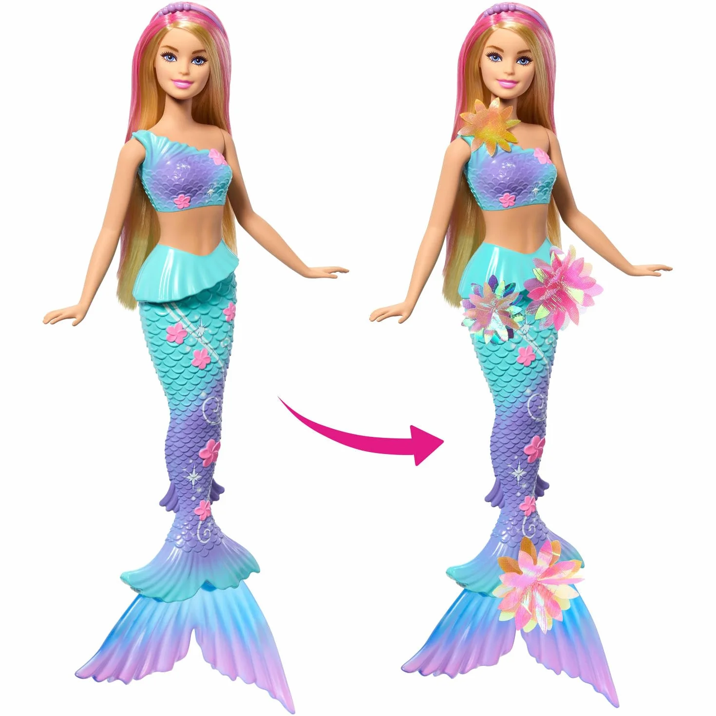 Barbie Muñecas de sirena con la característica de flores florecientes mágicas, colas con efecto degradado, accesorio de diadema de perlas y cabello largo rubio con mechas rosadas, JDM72
