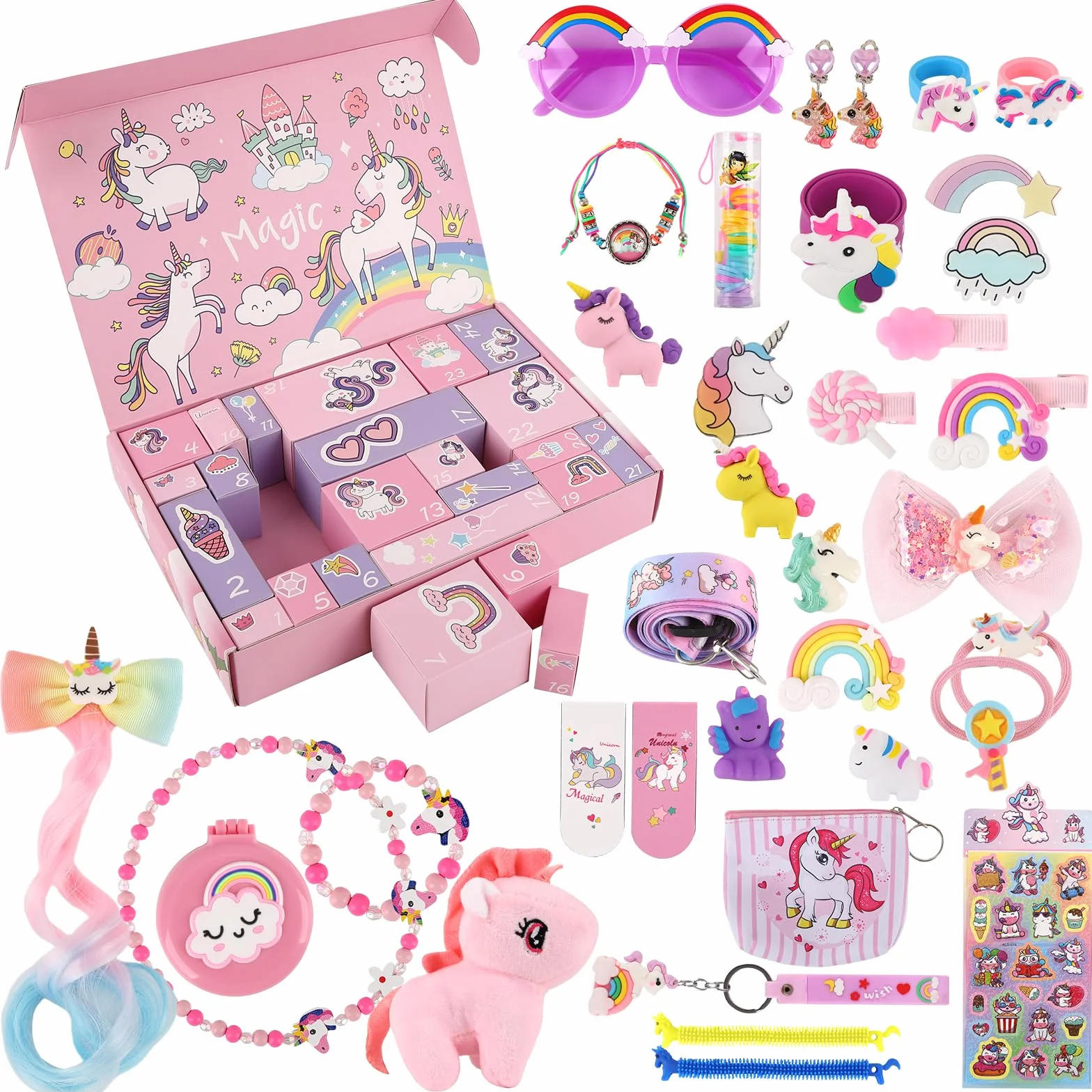Calendario Adviento Niña, Cuenta Atrás con 24 Días de Sorpresas, Regalos de Unicornio para Niñas Niños Incluye Juguetes y Accesorios para el Pelo