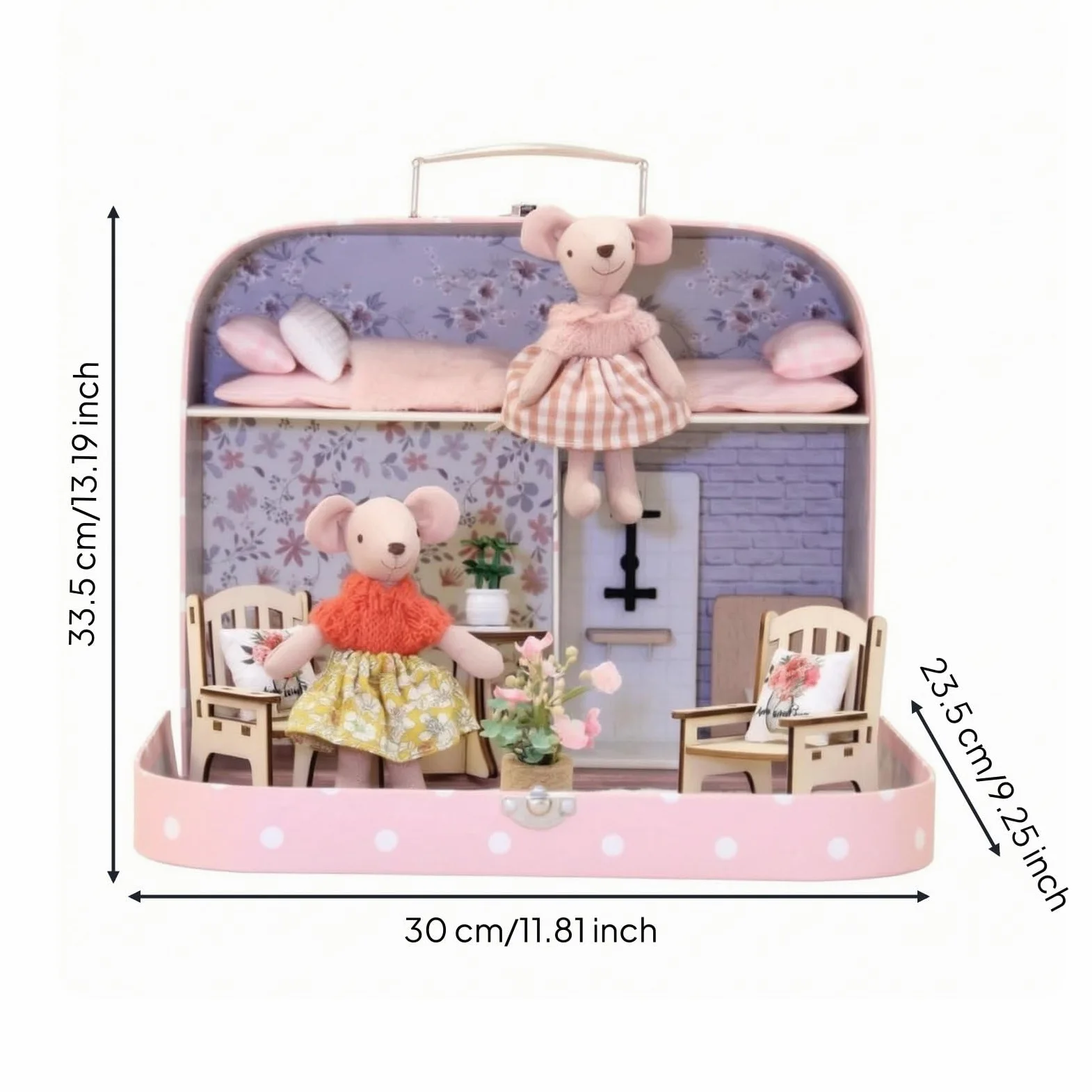Perfeclan Casa de Muñecas Portátil Maletín Juego Set con Dos Niveles y Escena de Hogar con Flores Incluye Figuras y Muebles Materiales Madera y Tela Adecuada