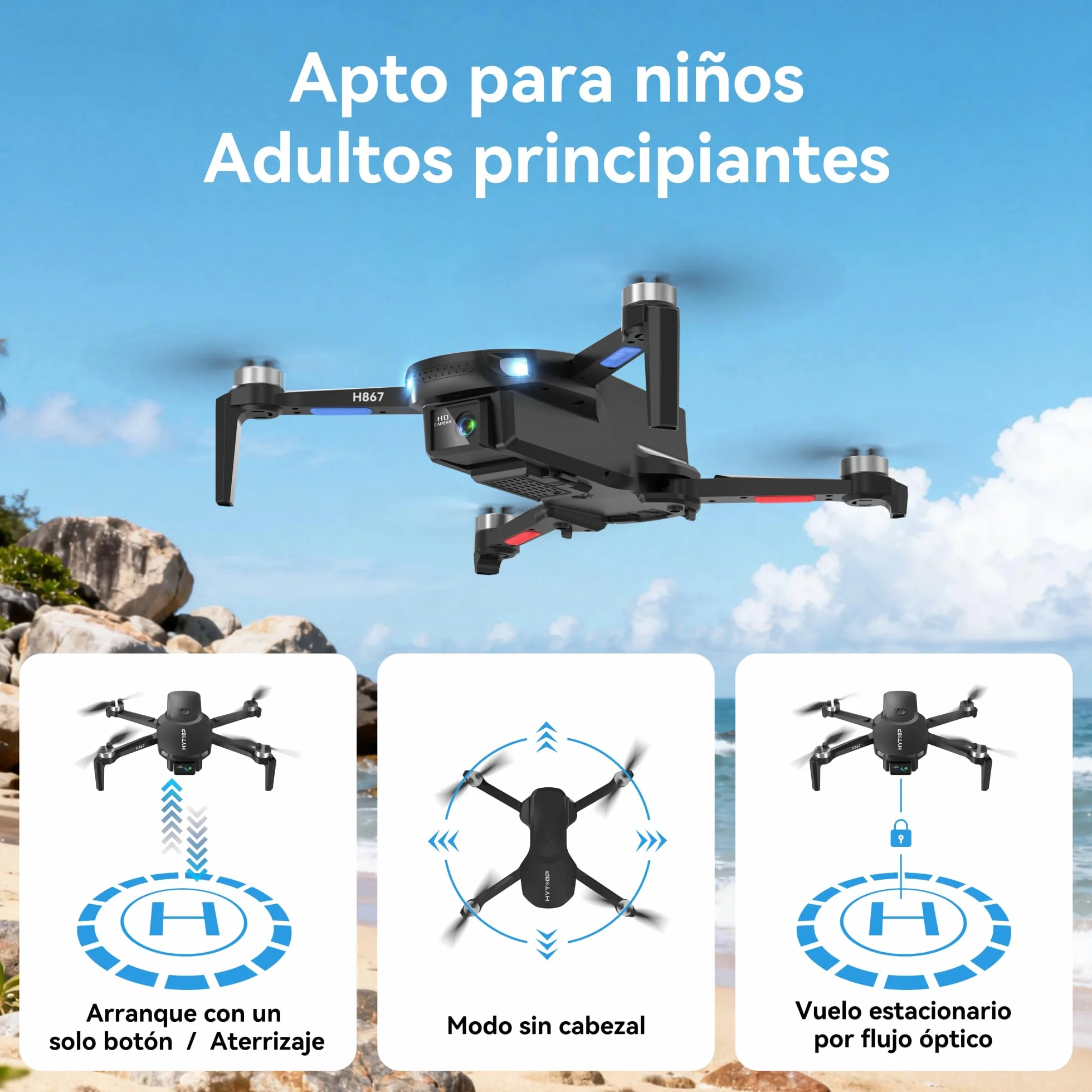 H867 Drones con Cámara 4K para Adultos y Principiantes, Motor Sin Escobillas, 36 Min de Vuelo (2 Baterías), Volteretas 360°, Cuadricóptero RC Plegable(Negro)(Estándar)
