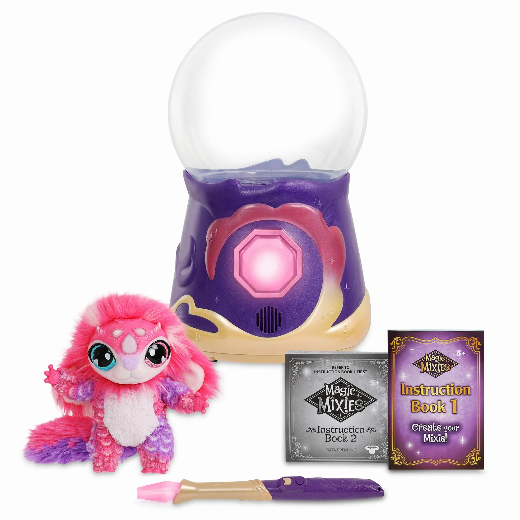Magic Mixies My Crystal Ball Pink, Juguete Interactivo de Magia, Bola de Cristal mágica con Luces, Efectos y Sonidos, y un muñeco de Peluche Suave para cuidar, con Accesorios, Famosa (MGX05000)