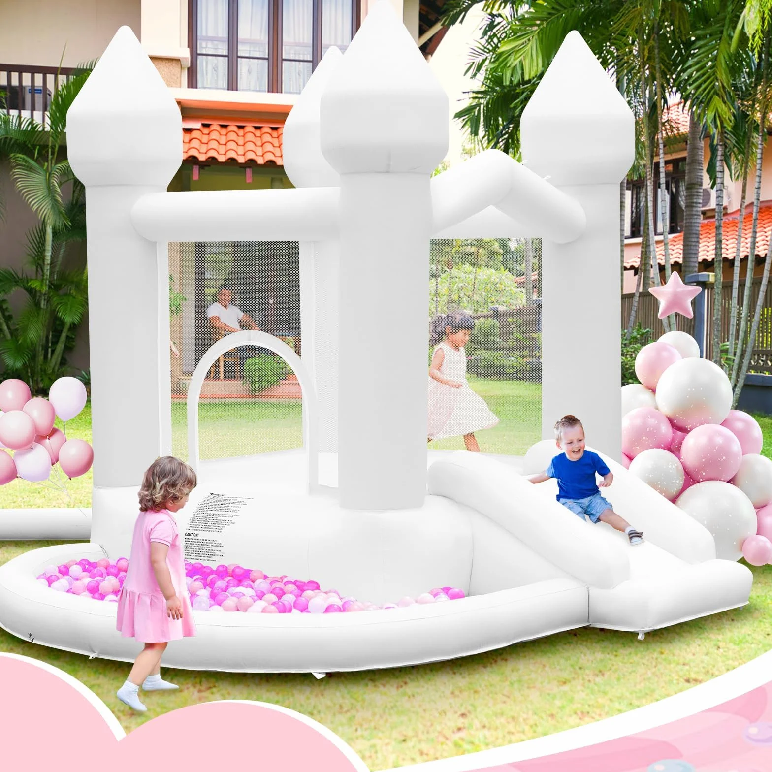 Castillo Hinchable Blanco para Niños con Soplador, Castillo Hinchable Interior Exterior con Tobogán, Trampolín, Gran Piscina de Bolas, para Boda Fiesta Cumpleaños, para 3-10 años, hasta 140 kg