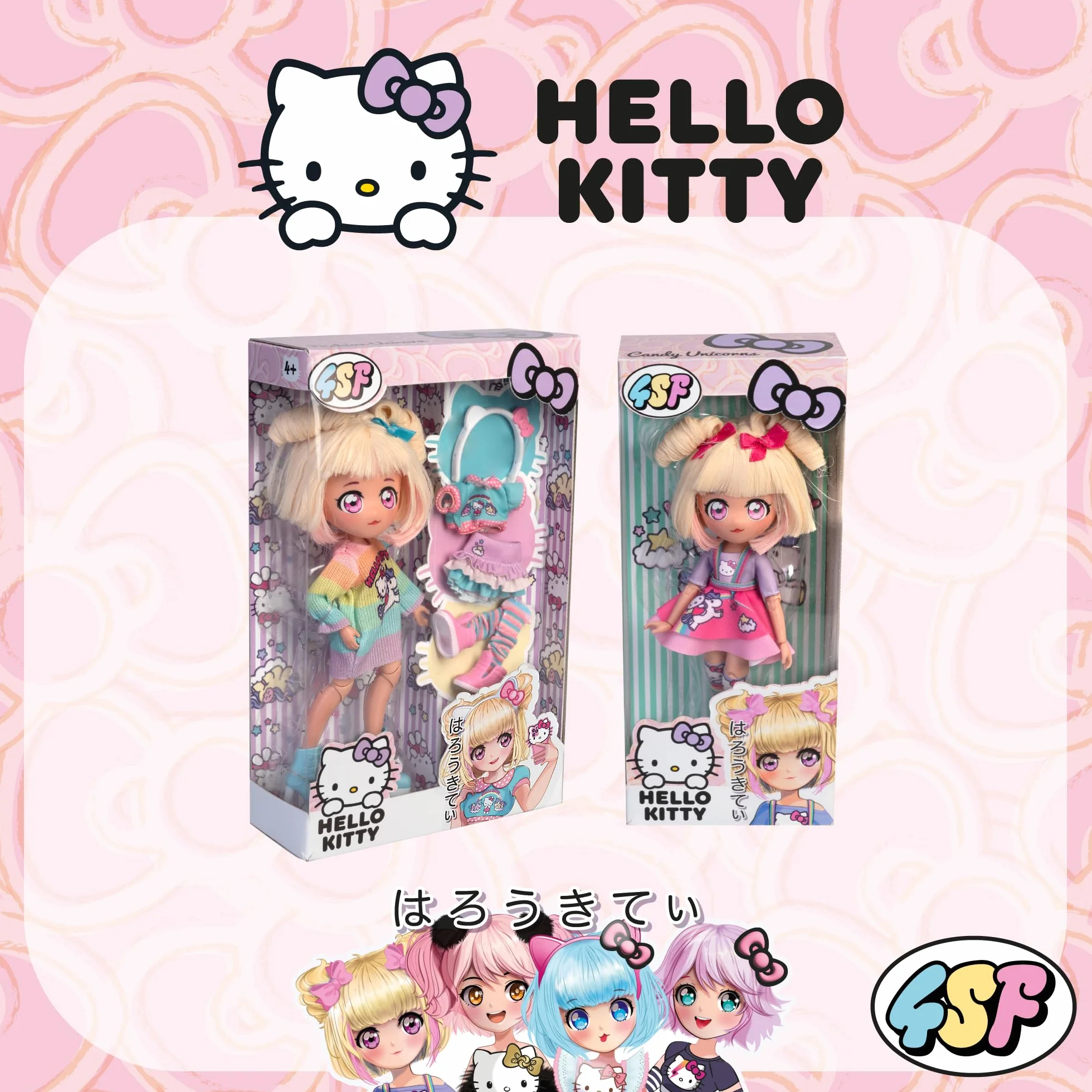 4SF - Hello Kitty Manga Fashion Unicorns, Muñeca Fashion Japonesa, Figura de 19,5 cm con 15 Puntos de Articulación, Incluye Falda Ra-Ra, Calentadores y Diadema con Orejas, Famosa (HKTF2000)