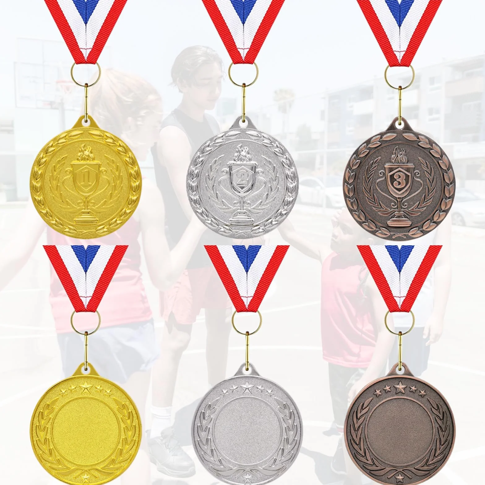 Juego de 12 Medallas de Metal Bronce Plateado Dorado para Niños y Adultos con Collar de Cinta para Premios Deportivos
