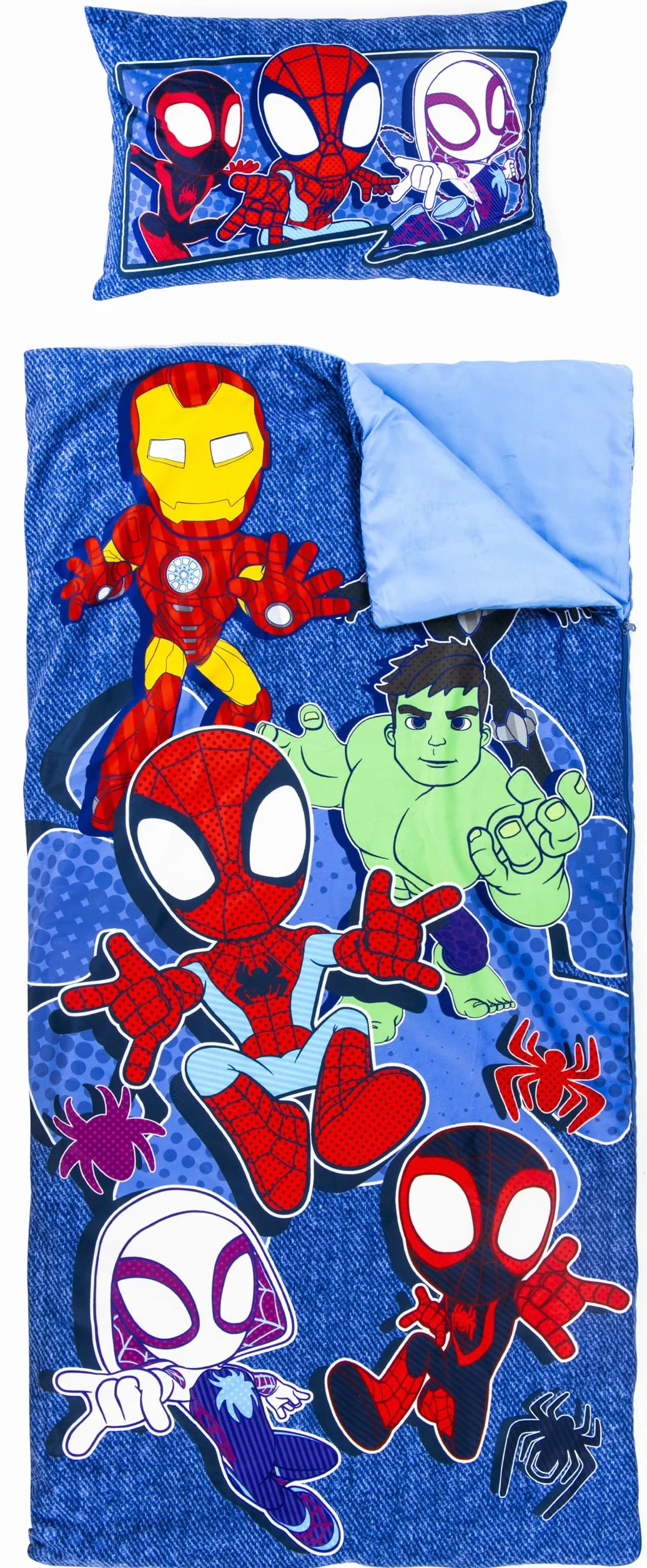 Set de 2 con Almohada y Manta de superhéroes Marvel, Suave Saco de Dormir Infantil con Bolsa y Almohada, para Fiestas de Pijamas, Viajes y acampadas