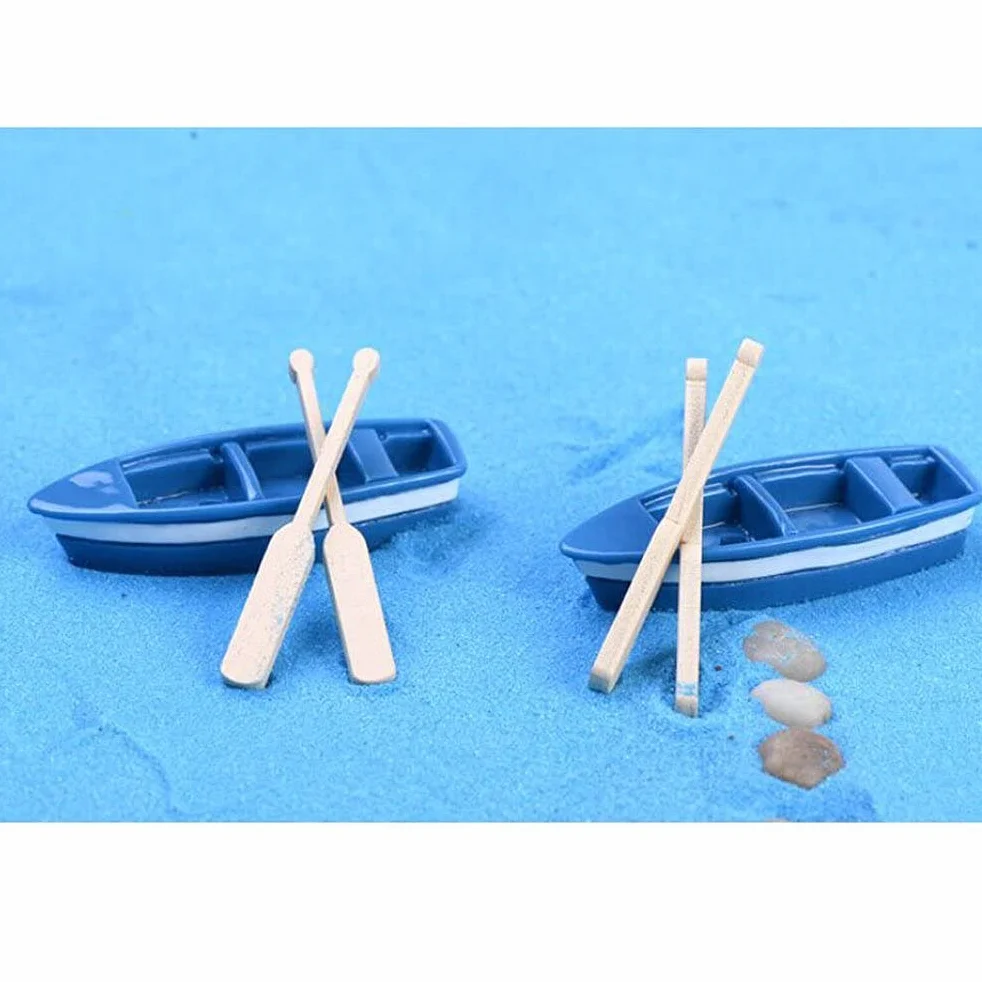 zalati Mini barco de pesca con remo, 2 piezas en miniatura de micro paisaje con palas, adornos para decoración de construcción de piscina de casa de juguete