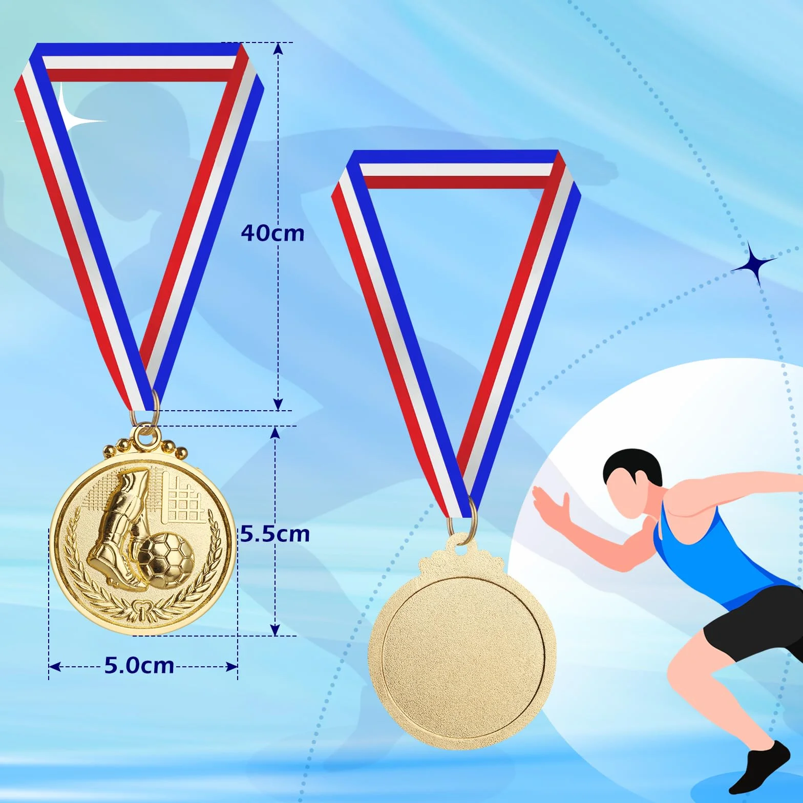 GeeRic 12 Piezas Medallas Niños Metal Futbol con Cintas Dorado Estilo Olímpico