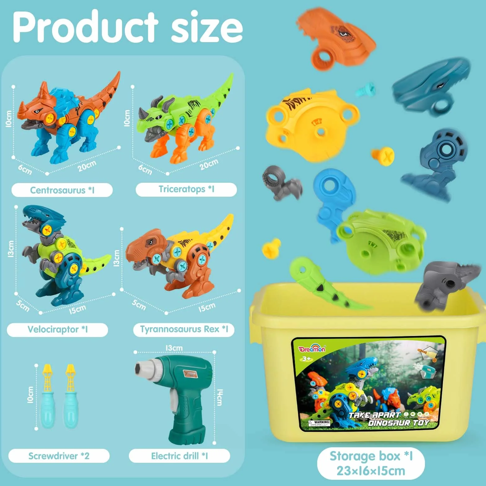 Dreamon Dinosaurios Juguetes para Niños 3 4 5 6 7 Años con Caja de Almacenamiento Taladro Eléctrico Construccion Juguete Dducativos Regalos para Niños Niñas