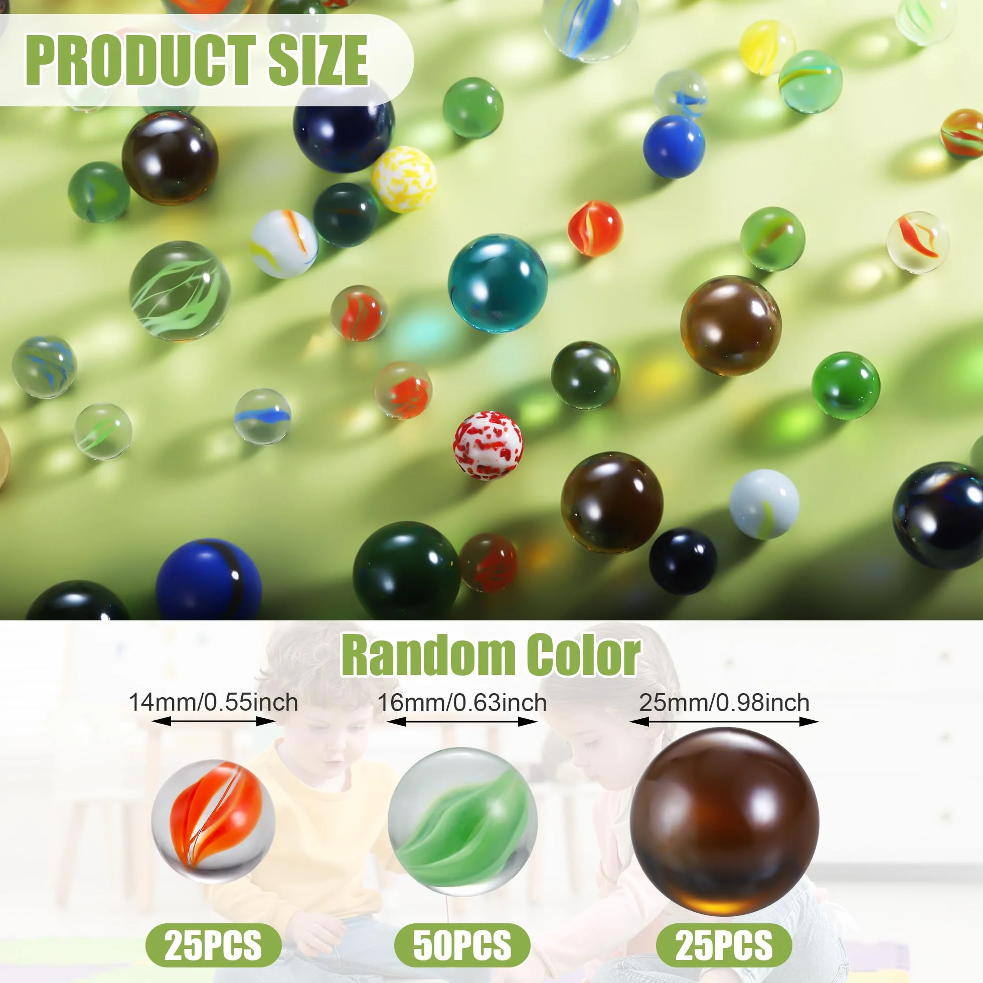 100 PCS Canicas para Niños, Canicas de Cristal Multicolor, Juegos de Canicas para Niños, 14mm, 16mm y 25mm, Canicas Grandes y Pequeñas para Jugar y Coleccionar, Decoración de Plantas y Hogar