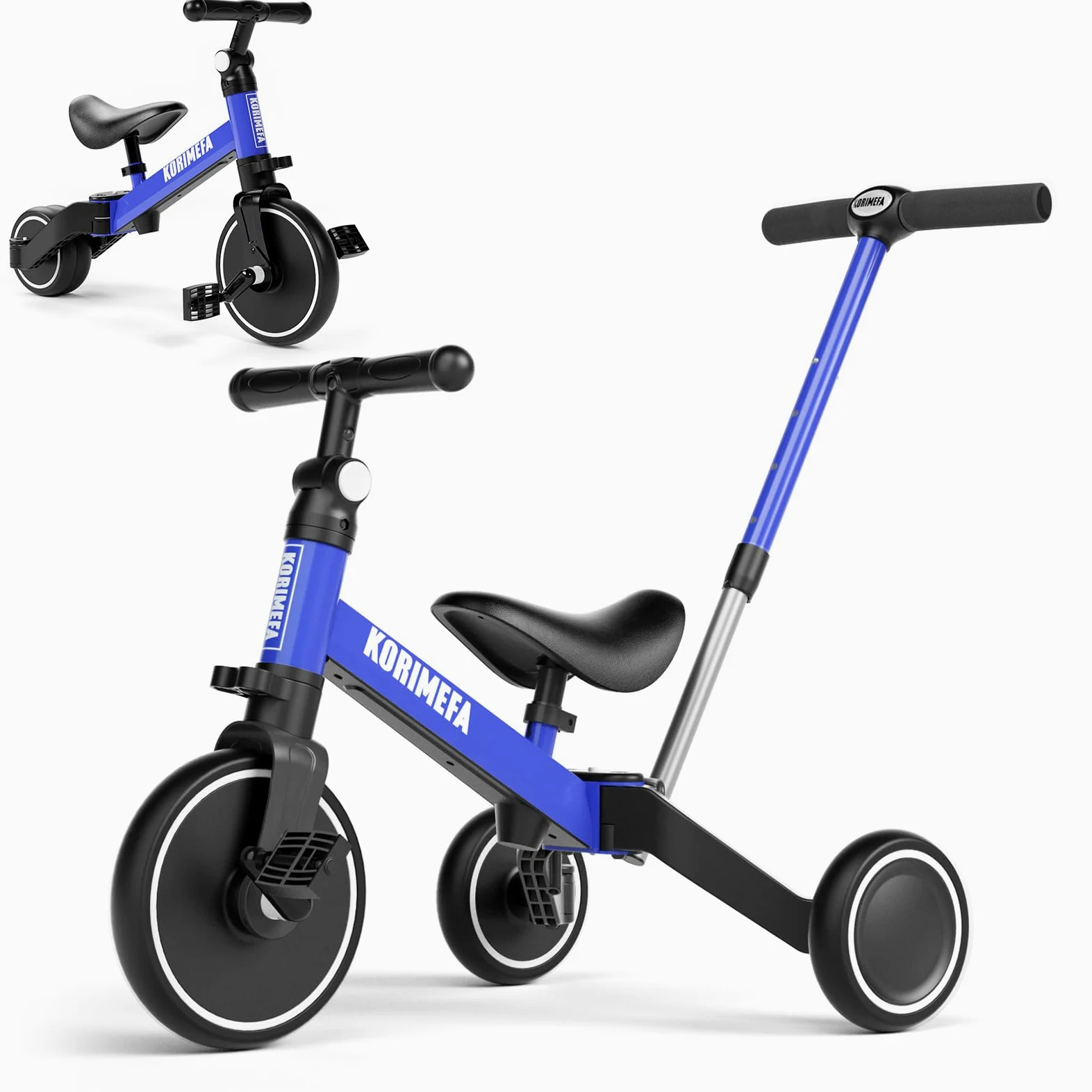 KORIMEFA Triciclos para Niños, 4 en 1 Una Bici Multifunción, Adecuado para niños de 1-3 años,Triciclo,Bicicleta,Carro de Equilibrio,Caminante, Altura del Asiento Regulable (Azul(con Mango))