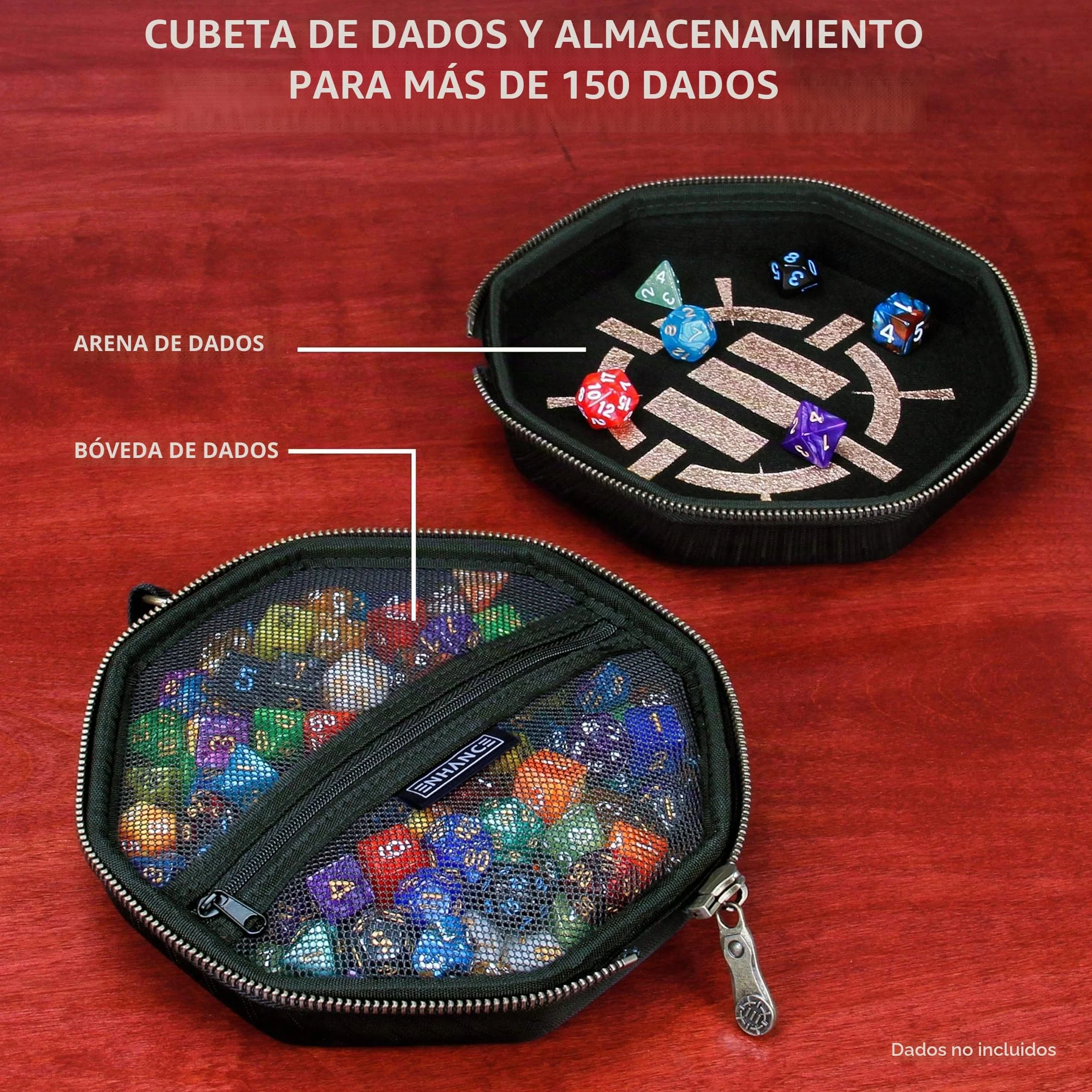 ENHANCE Caja de Dados para Juegos de Mesa - Contenedor de Almacenamiento para hasta 150 Dados RPG - Diseño Protector Resistente con Interior Suave