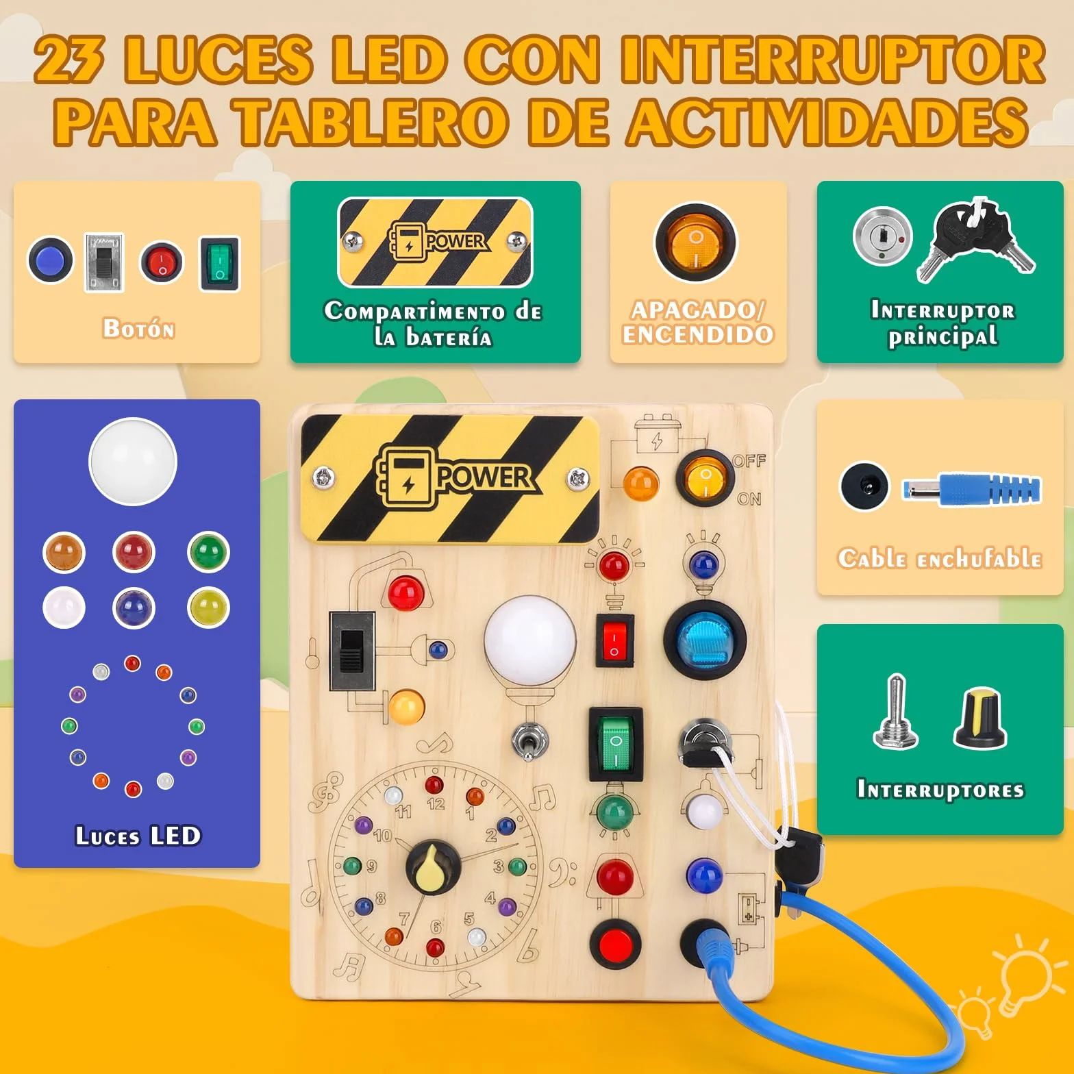 Hoarosall Busy Board Juguetes Montessori 1 años Tablero de Actividades Juguete Sensoriales de Madera con 10 interruptores y 23 Luces LED Educativo Motricidad Fina para Niños 1 2 3 Años, Niños y Niñas