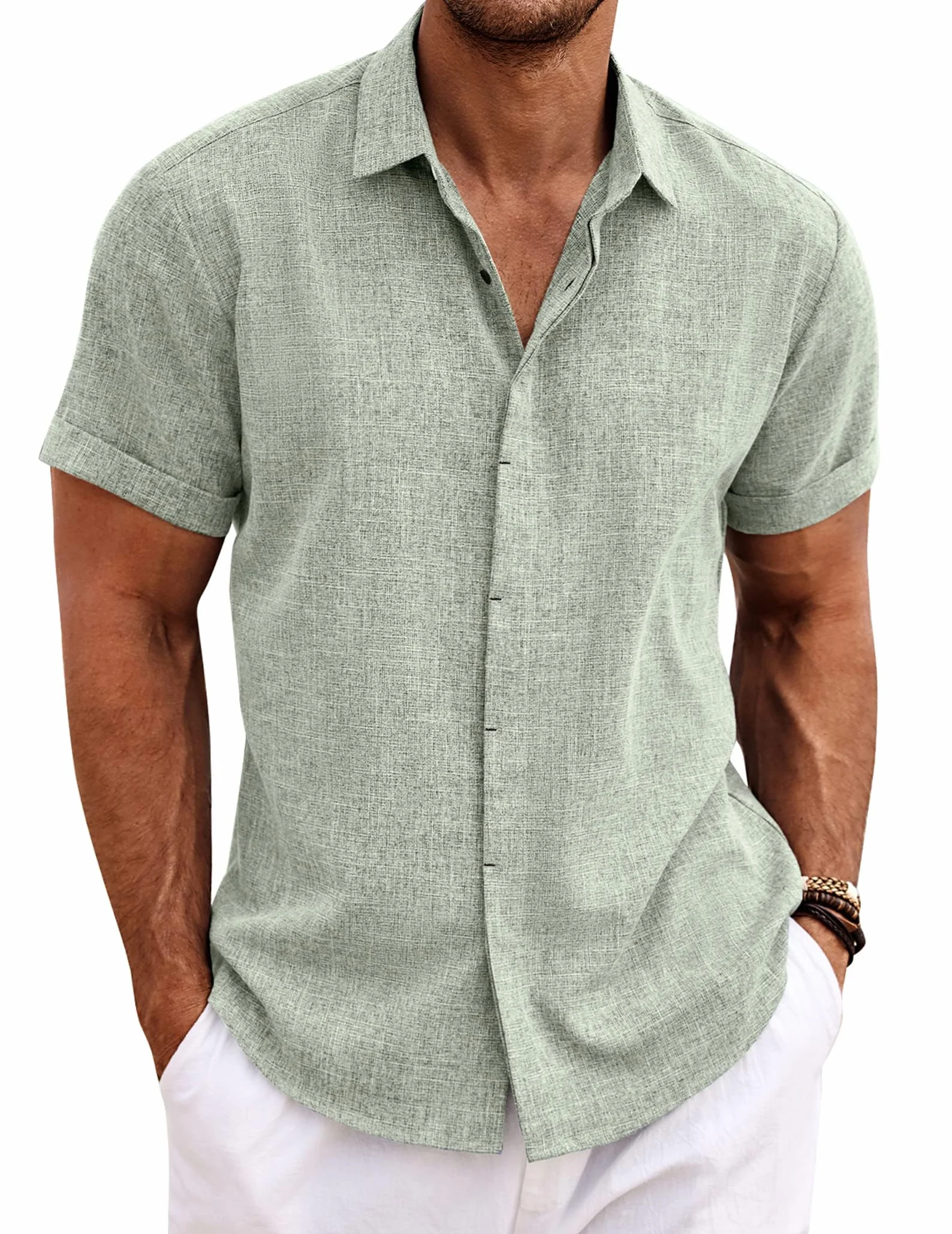 COOFANDY Camisa de Lino para Hombre Manga Corta con Botones Camisa Informal Ajuste Regular Playa Verano