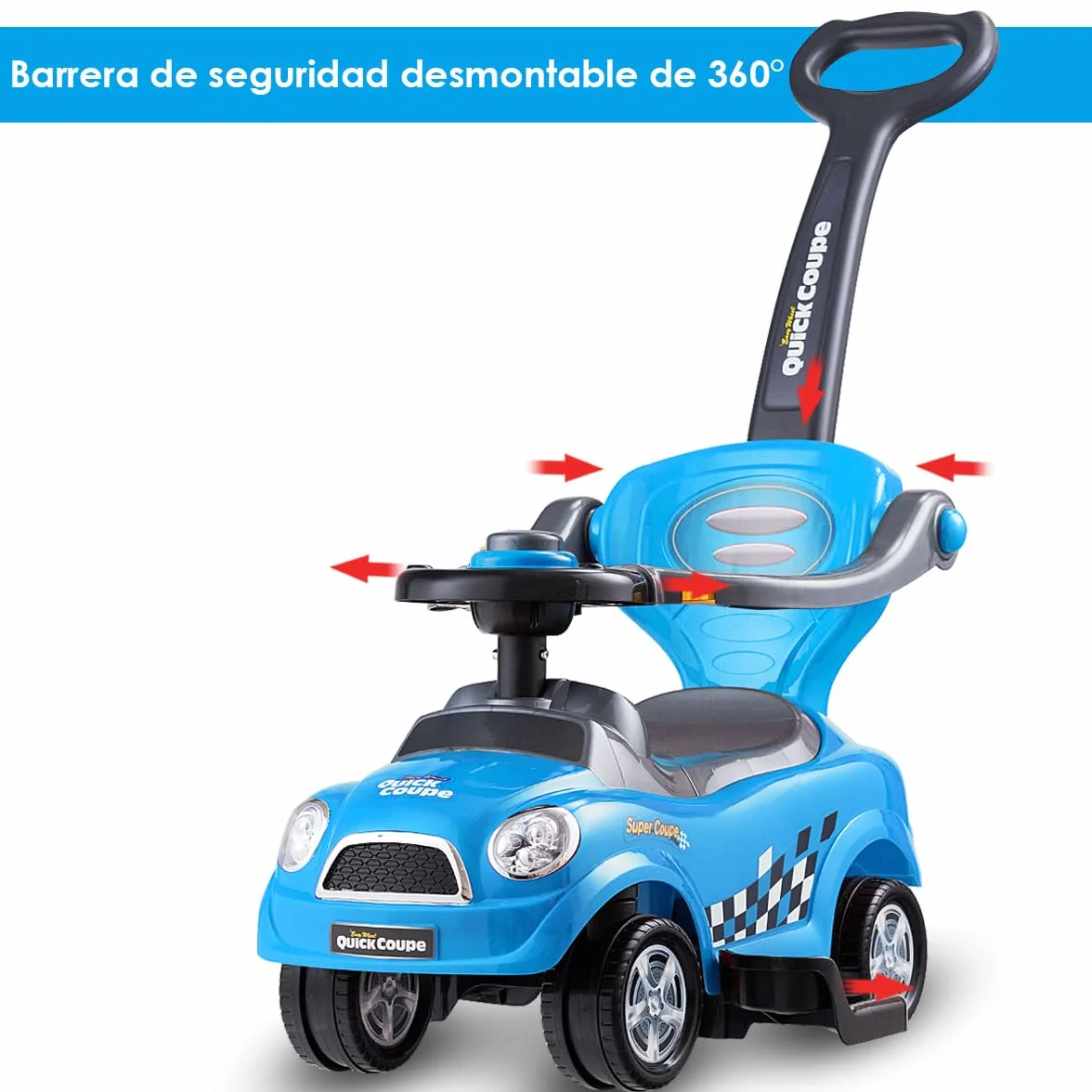 COSTWAY 3 en 1 Coche de Empuje Infantil, Coche para Niños de Pie con Barandillas Desmontables y Asa, Bocina, Espacio de Almacenamiento Oculto y Diseño Antivuelco para Niños de 2 a 6 Años (Azul)