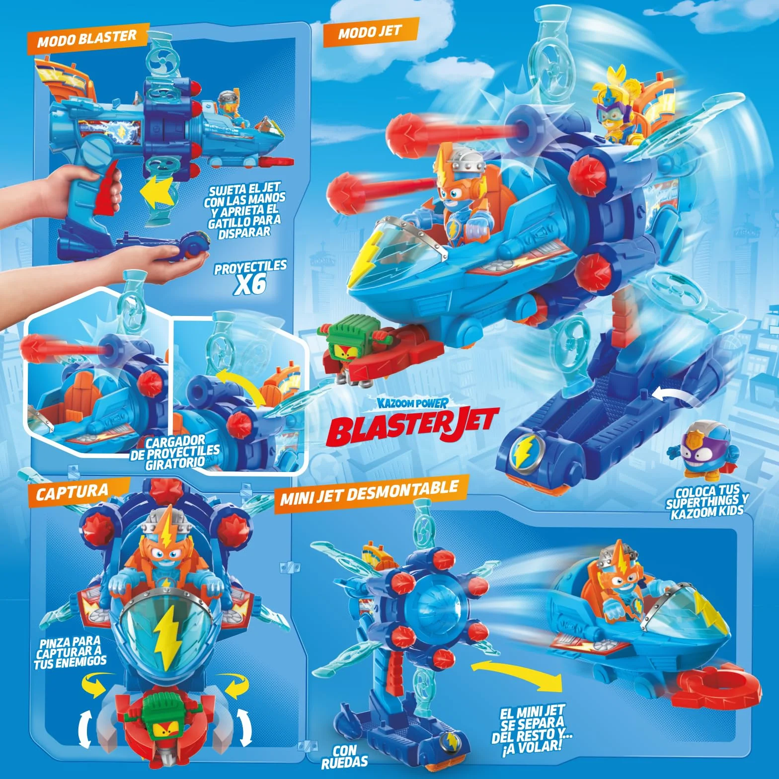 SUPERTHINGS KAZOOM Power – Vehículo Multi-acción de la Serie de TV ''Kazoom Power'', Contiene 1 Blaster Jet, 1 Kid Kazoom Exclusivo y 6 Proyectiles