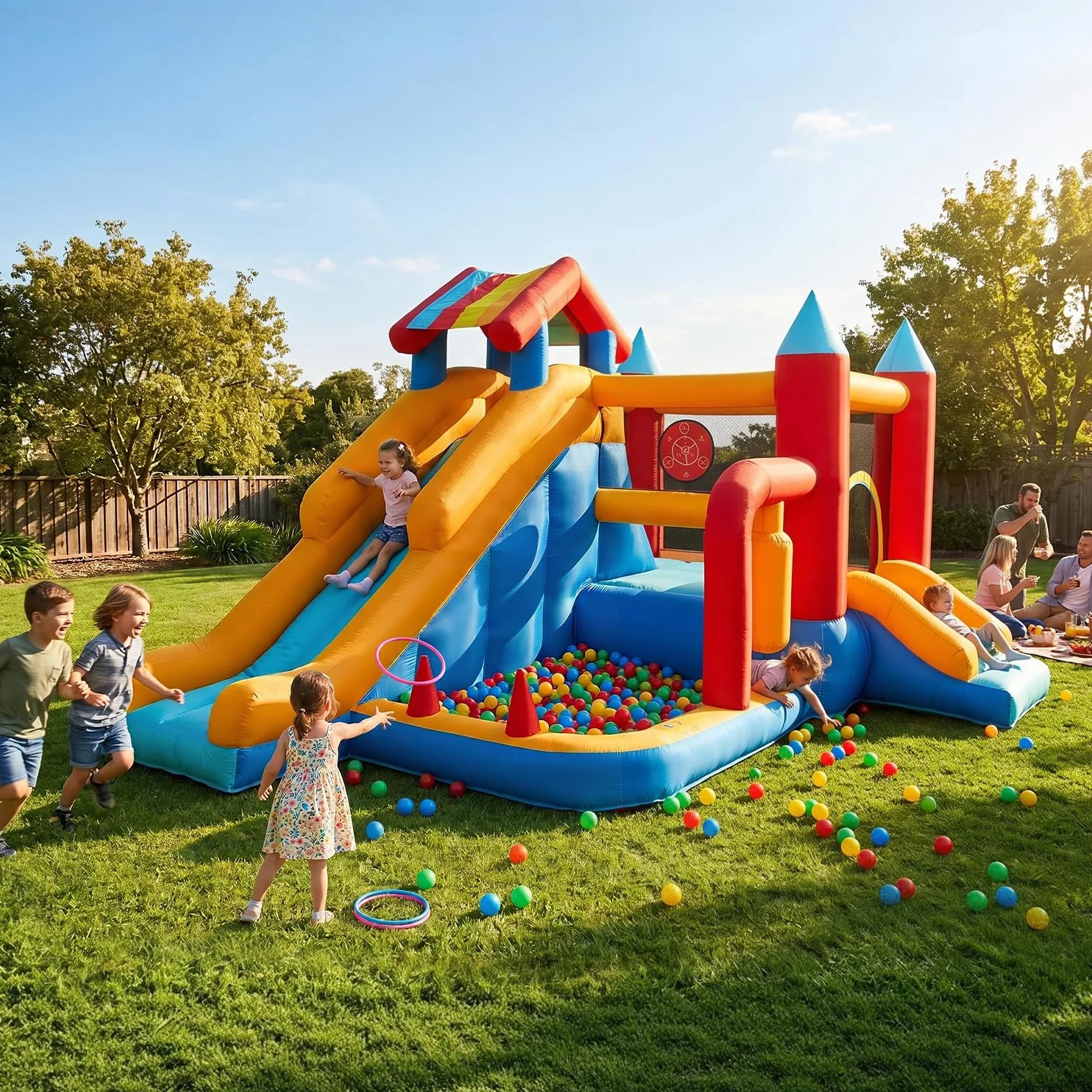 Castillo Hinchable para Niños, FOOING 9 en 1 Casa Inflables con Soplador de Aire, Trampolín, Tobogán, Estante Baloncesto, Pared Escalada, Casa Inflable Interior al Aire Libre para Fiesta Cumpleaños