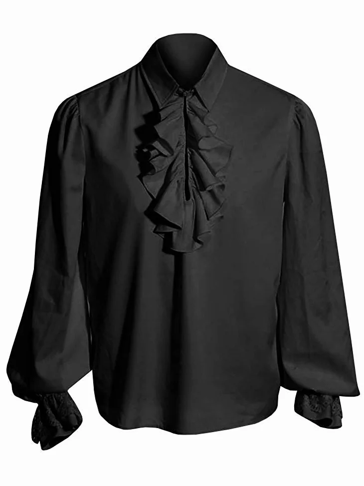 Runcati Camisa pirata para hombre, con volantes, victoriana, renacentista, steampunk, vampiro, poeta, disfraz medieval de Halloween, 01 Negro, Small
