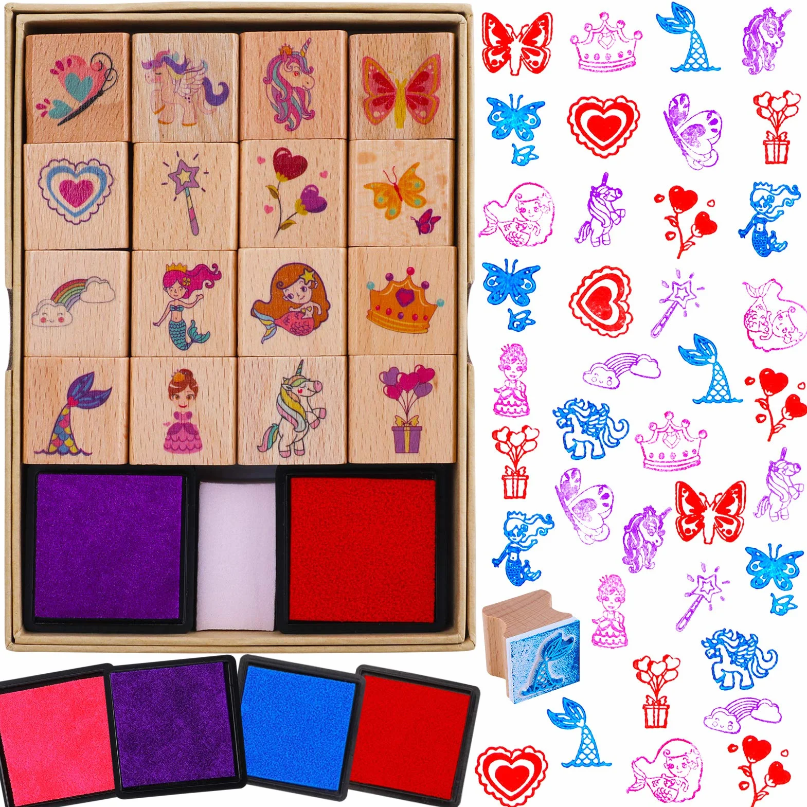 HOWAF 16 Madera Sellos para Niñas Niños Manualidades con Almohadilla de Tinta 4, Unicornio Sirena Princesa Corazón Arcoíris Mariposa Sellos para Niña Bricolaje Scrapbooking Tarjeta Impermeables Regalo
