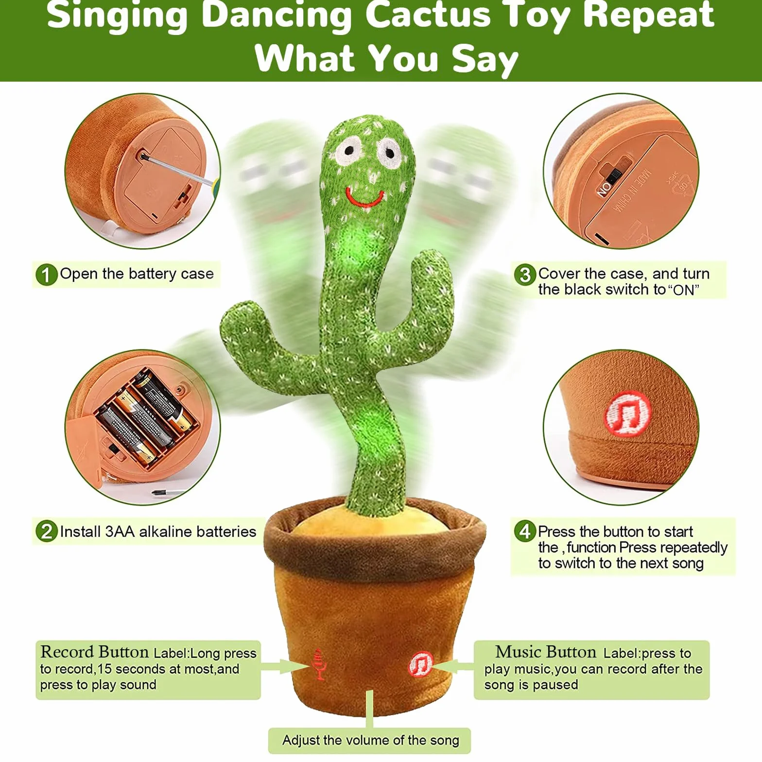 Juguete de Peluche Cactus Bailarín que Baila y Repite tu Voz con Canciones