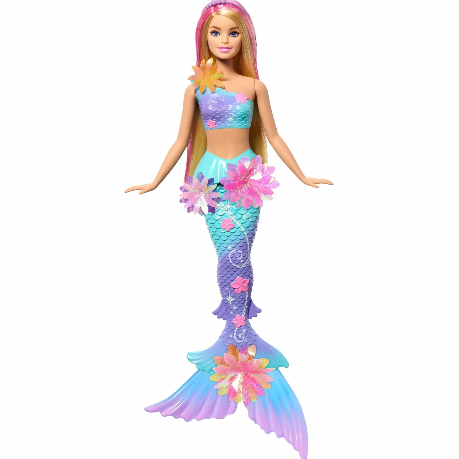 Barbie Muñecas de sirena con la característica de flores florecientes mágicas, colas con efecto degradado, accesorio de diadema de perlas y cabello largo rubio con mechas rosadas, JDM72