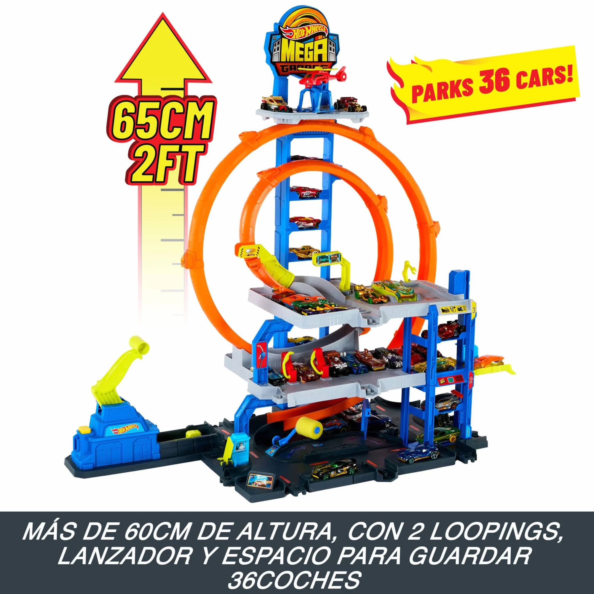 Hot Wheels Conjunto de Pista con helicóptero y Coche metálico, Tres Niveles de Juego, Dos loopings, Almacenamiento para 37 Coches a Escala 1:64 y adaptadores Speed Snap, JLC05