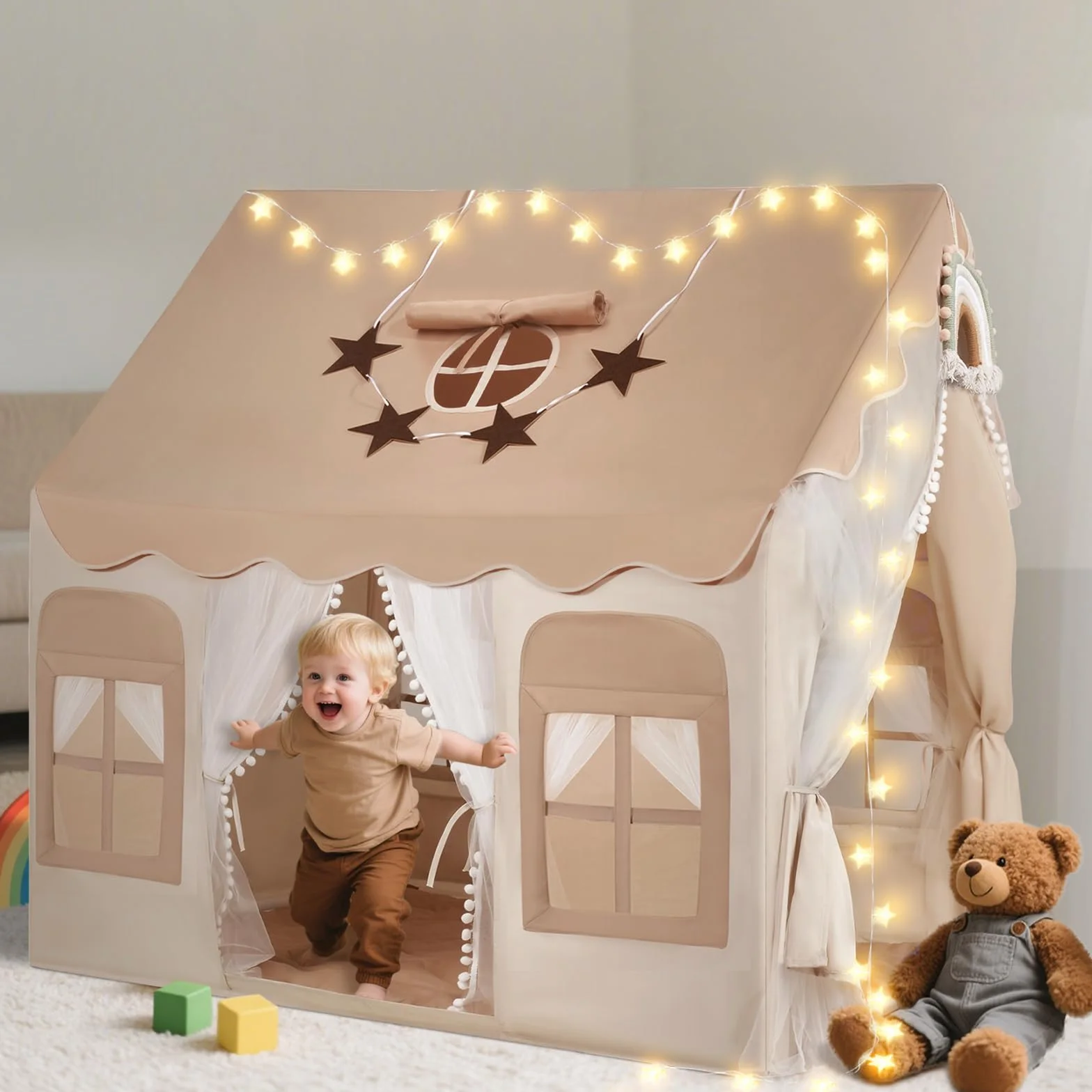 snookids Tienda para niños - Casa de Juego Interior con Alfombra, Luces, Colgantes de arcoíris y Bandera Estrellas, Tienda Juego para la decoración de la habitación niños y niñas