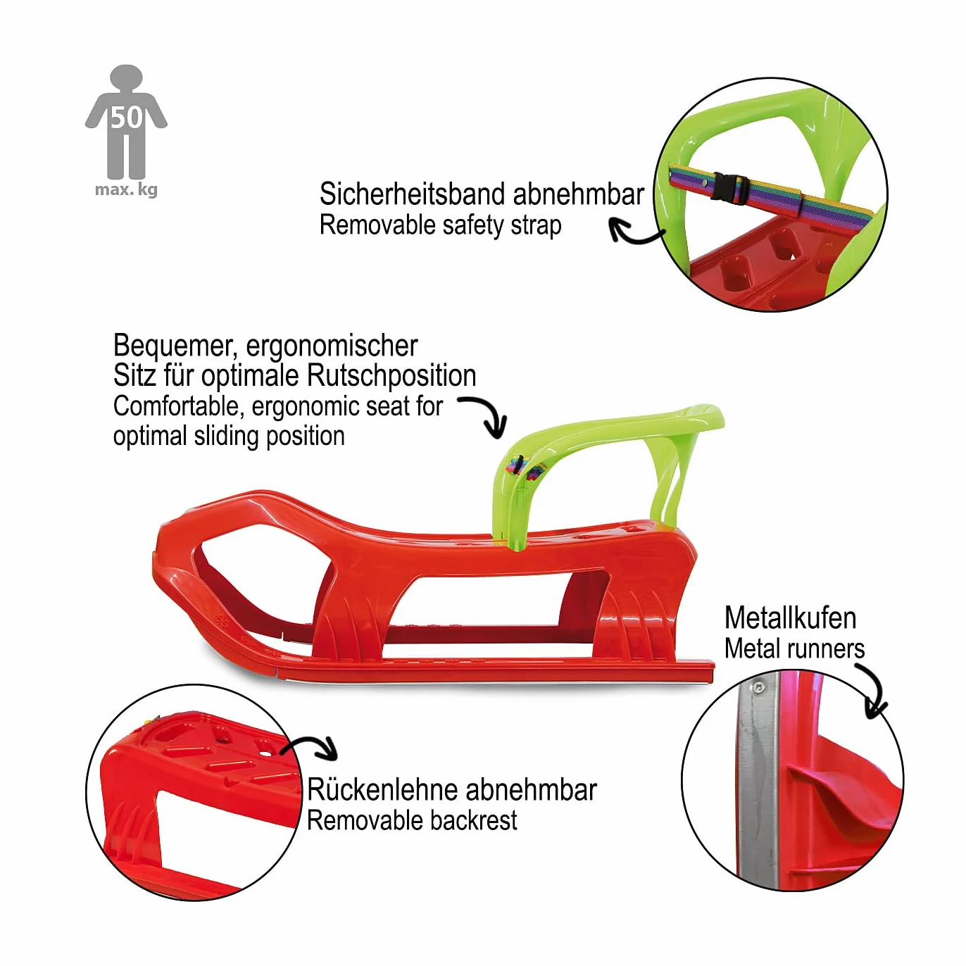 Jamara 460366 - Snow Play Trineo con Respaldo Snow-Star 90 cm Rojo – Protección contra vuelcos, Ligero