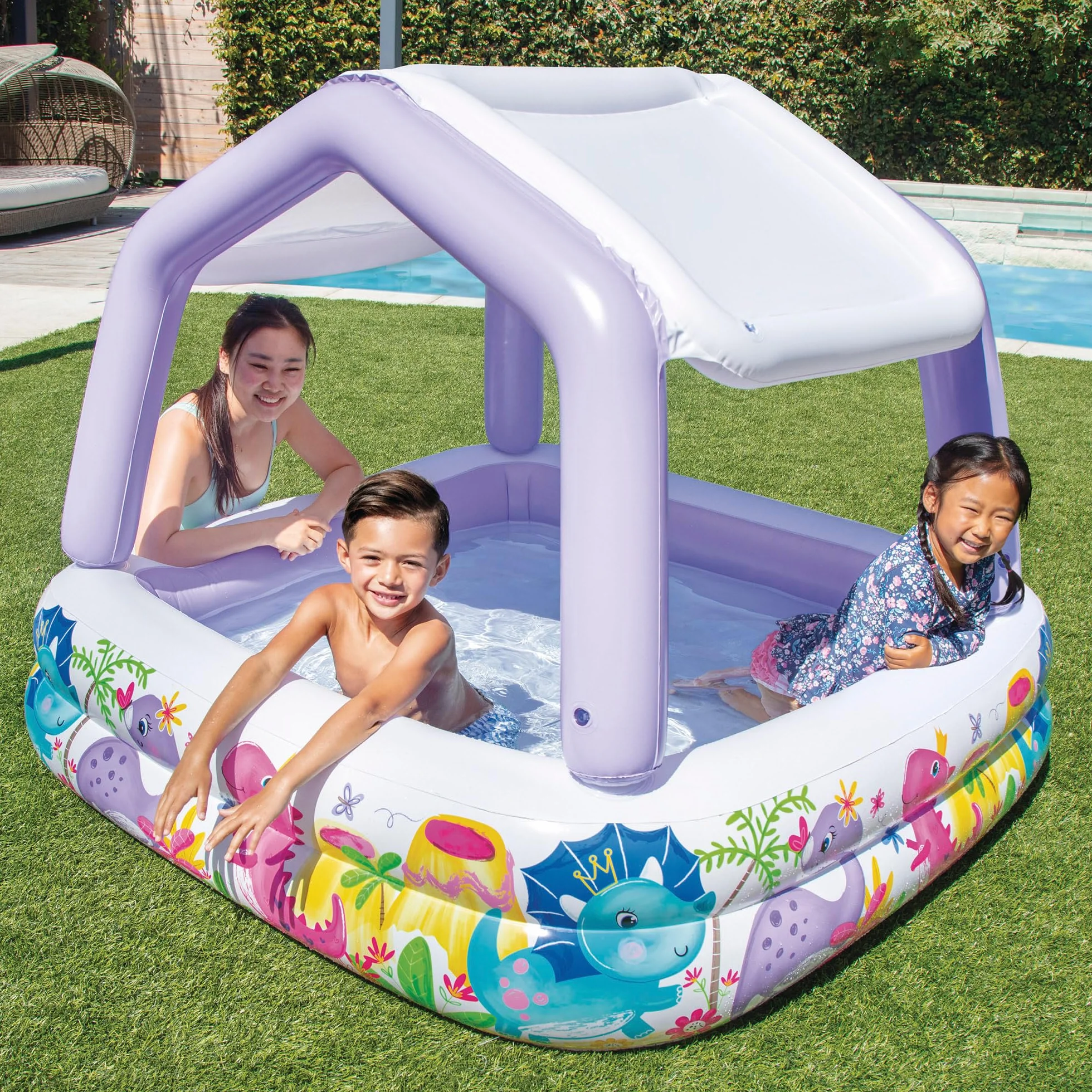 Intex Piscina Hinchable Infantil, 157x157x122 cm, 295 litros, con toldo Desmontable, Diseño acuático, Tapón de desagüe, Uso Exterior, Vinilo Resistente, Parche de reparación Incluido, +2 años (57470)