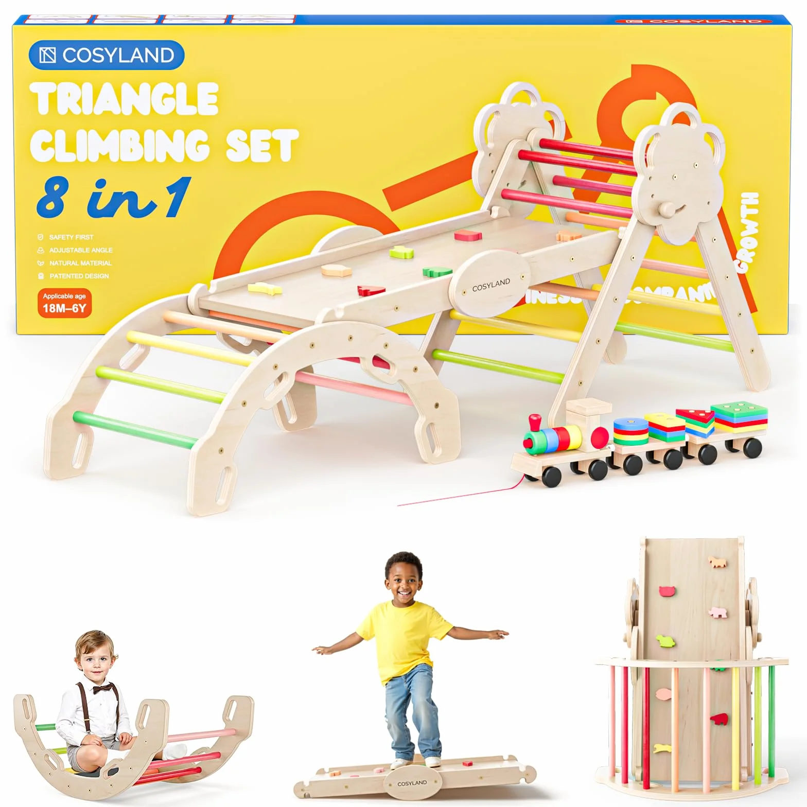 COSYLAND 8 en 1 Triángulo de Escalada Montessori con Arco y Rampa, Set Plegable Infantil, Juguete de Madera Resistente para Interior, Niños 18 Meses-6 años, Colores Cálidos, Grande