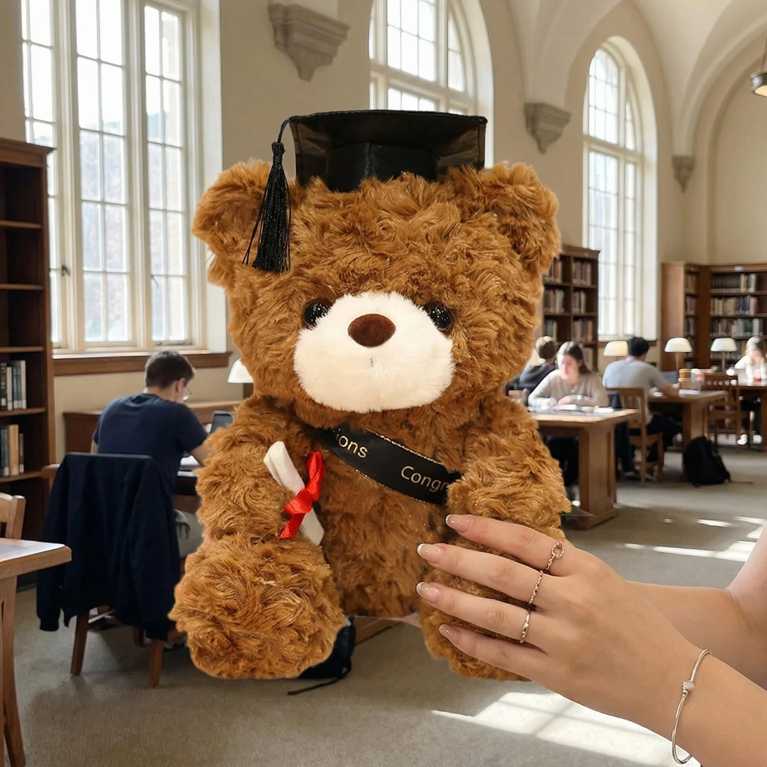 Oso de peluche de graduación con sombrero de doctorado, osito de graduación, regalo de graduación, 23 cm, amuleto de la suerte para graduación (marrón - negro)