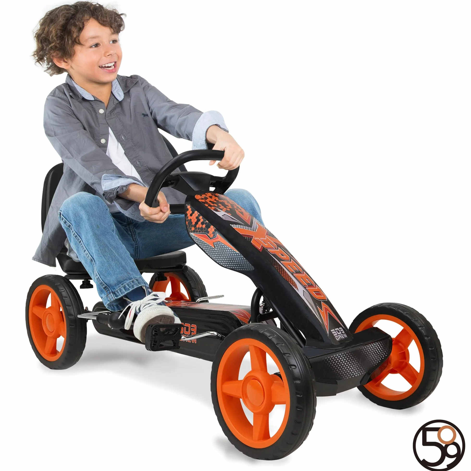 509 Crew XSpeed pedal karts - naranja, scooter, gráficos deportivos delanteros, asiento ajustable, ruedas de 4 radios con diámetro de 25 cm, con freno de mano, a partir de 4 años