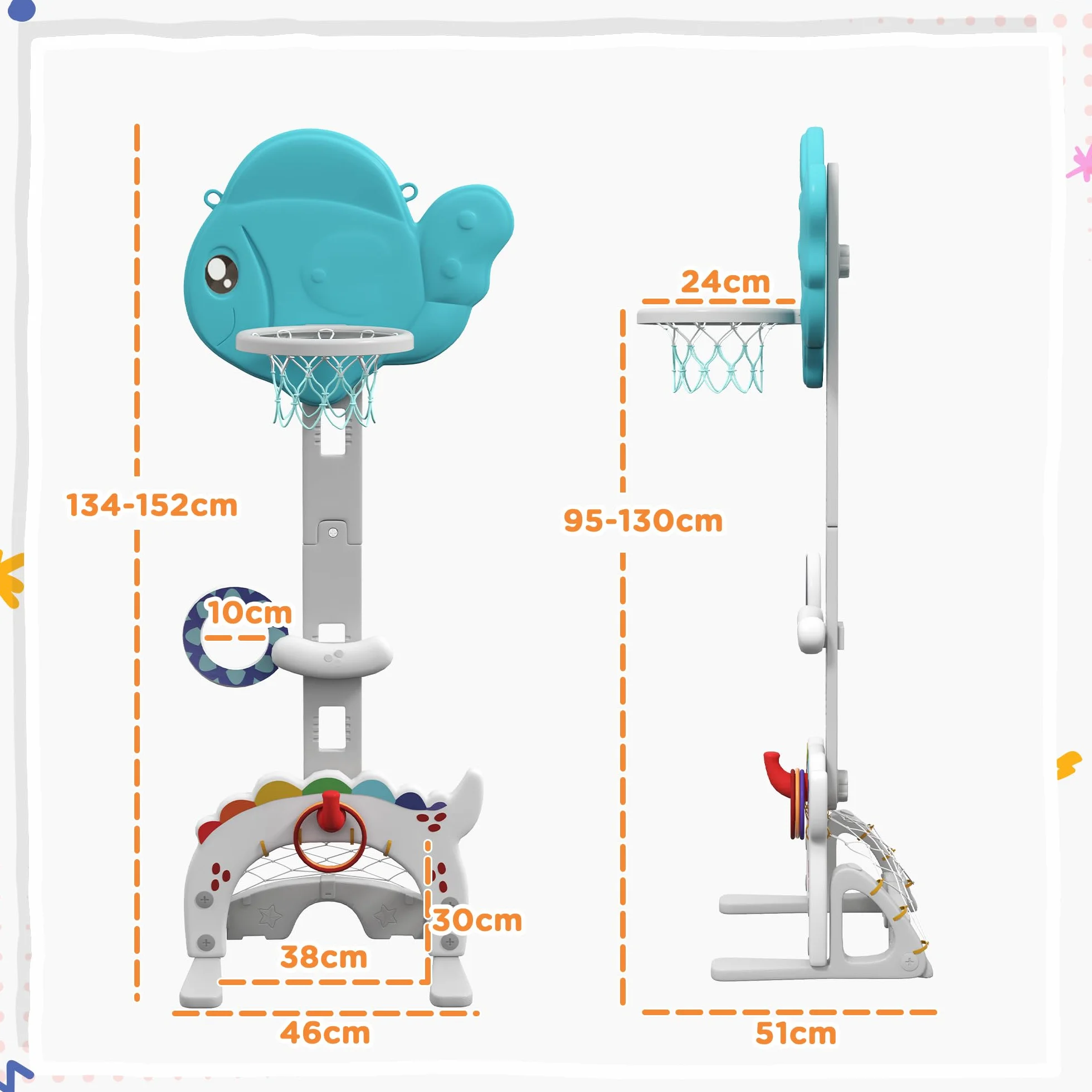 AIYAPLAY Canasta de Baloncesto Infantil 5 en 1 Altura Ajustable con Temática de Pez Dorado Multicolor