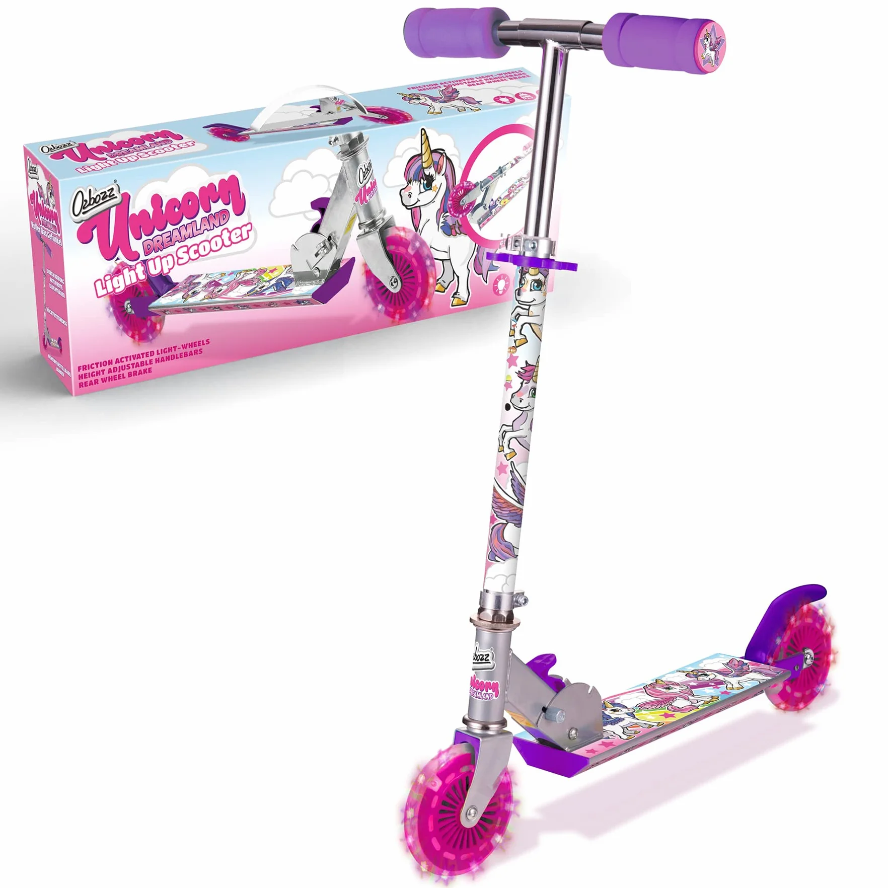 Ozbozz SV13988 Unicorn Scooter con 2 Ruedas iluminadas, 4-11 años, manillar ajustable, Multicolor