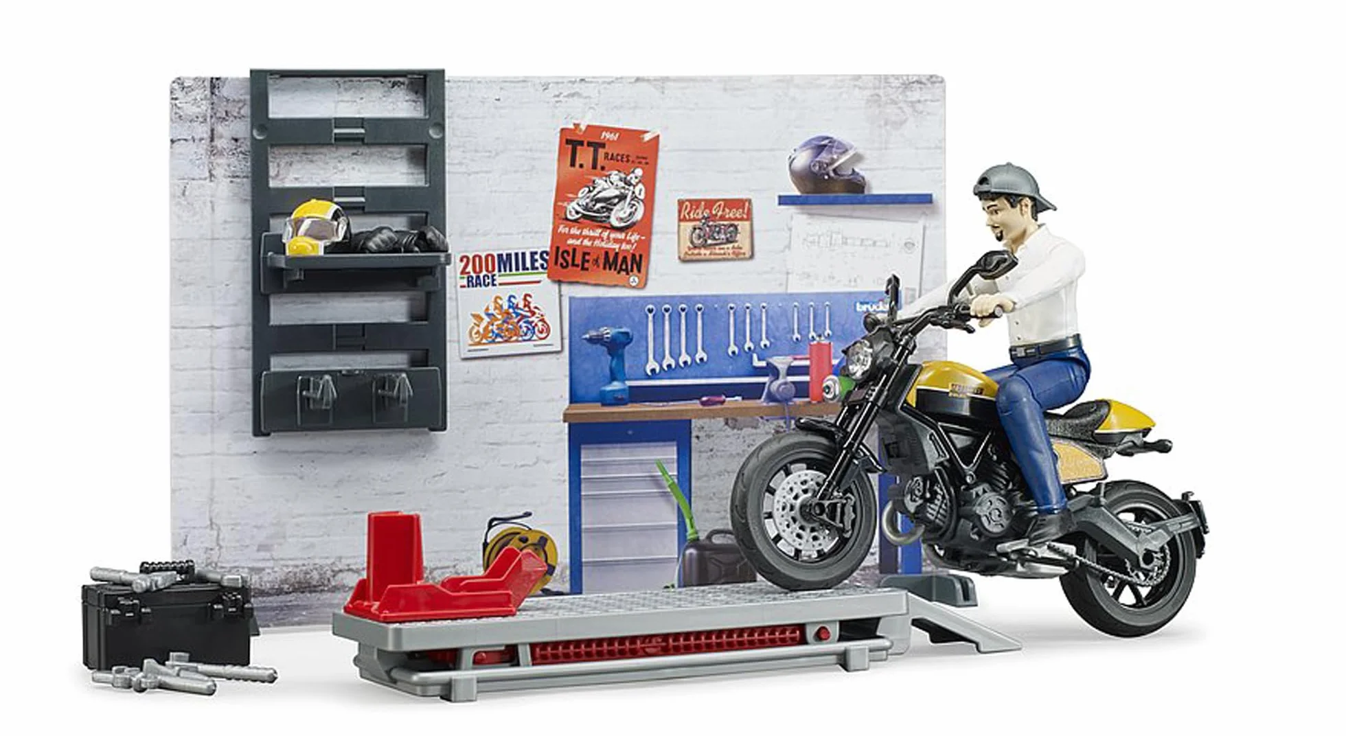 bruder 62102 - bworld taller de motos Scrambler Ducati Full Throttle con mecánico,taller, figura de juguete