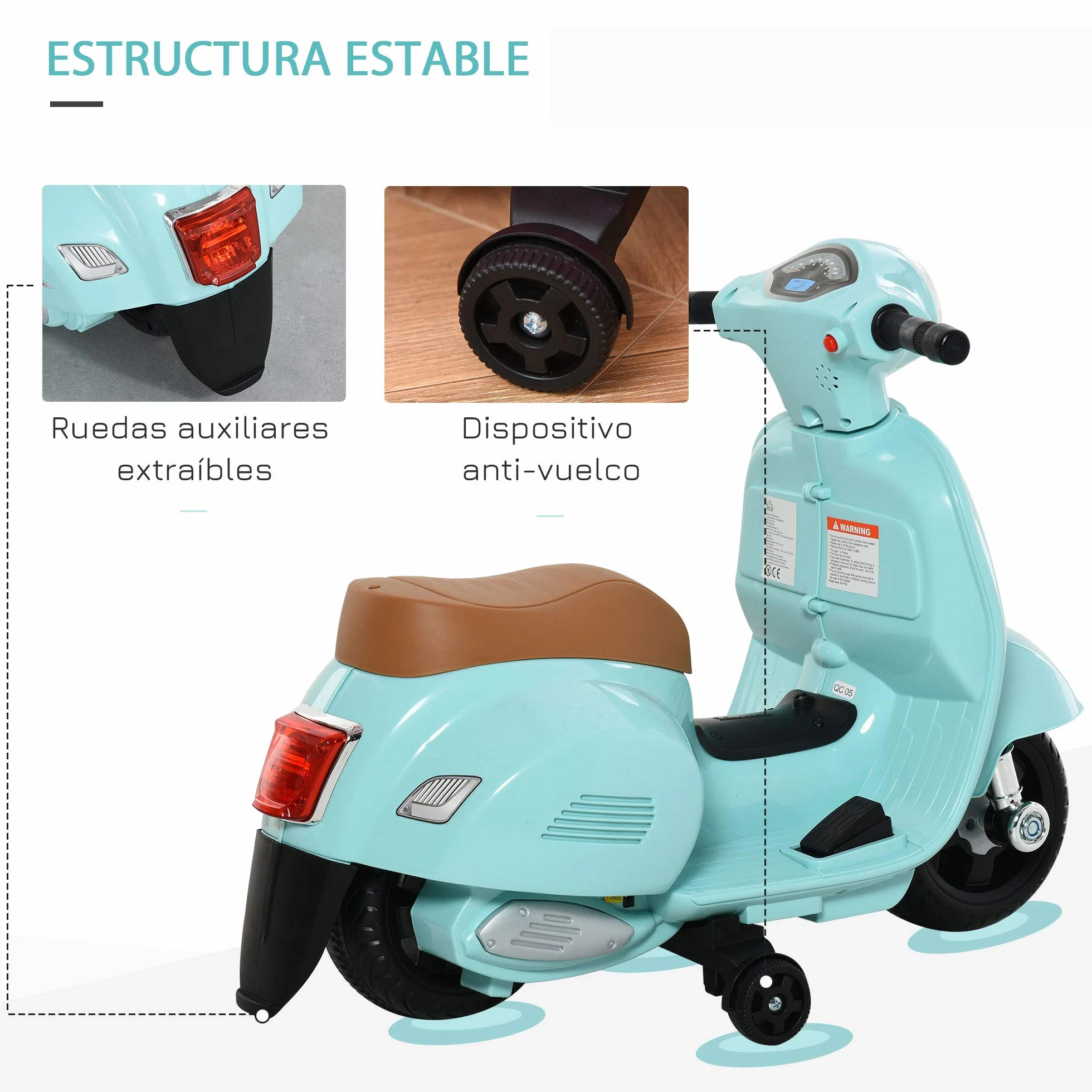HOMCOM Moto Eléctrica Vespa para Niños de 18-36 Meses Moto de Batería 6V con Faro Bocina y 4 Ruedas Motocicleta Infantil con Licencia 66,5x38x52 cm Verde