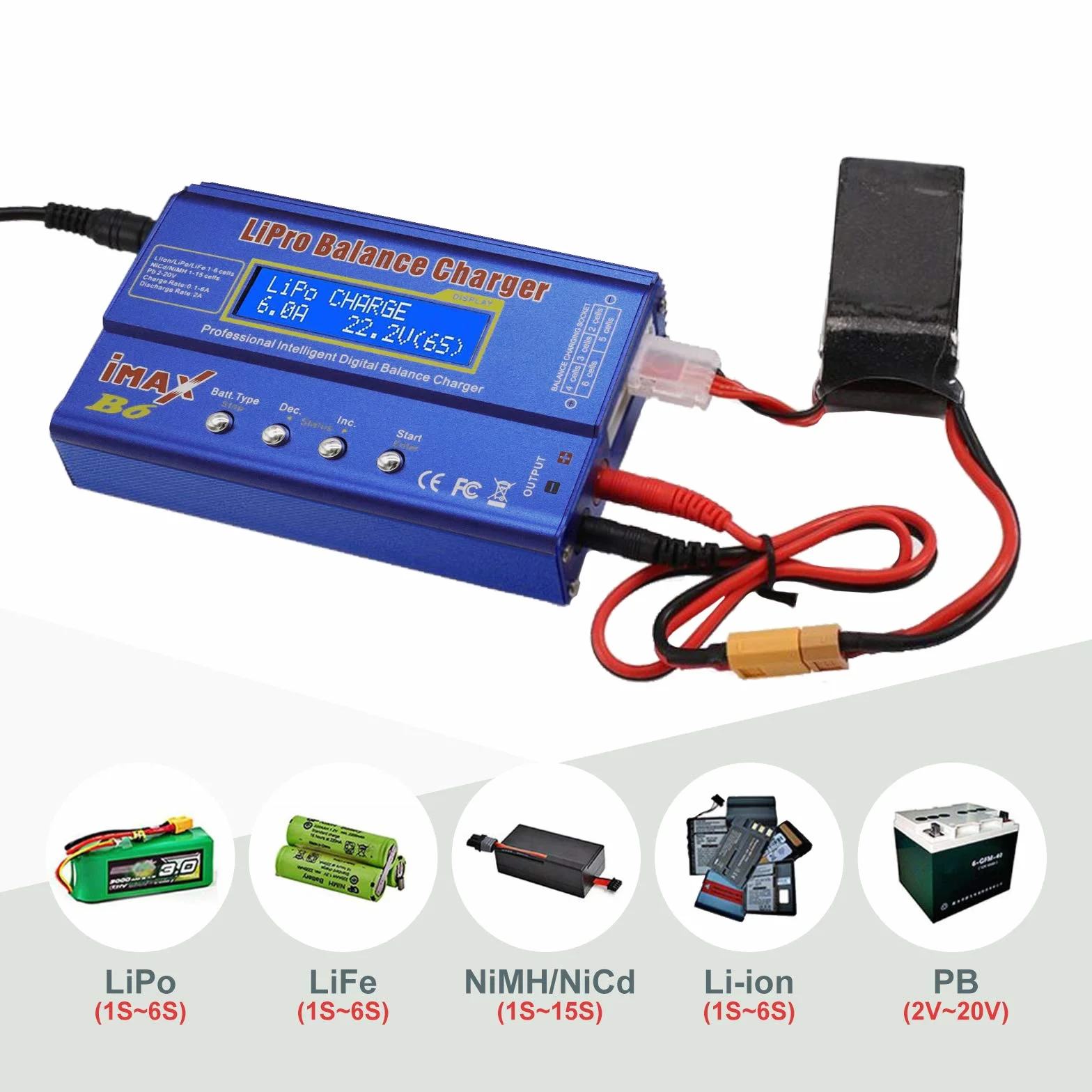 Cargador LiPo de 80 W 6A Balance Profesional Cargador de Alta Potencia para LiPo/Li-Ion/Life (1-6S), NiMH/NiCd (1-15S), Cargador RC de LED con Fuente de alimentación