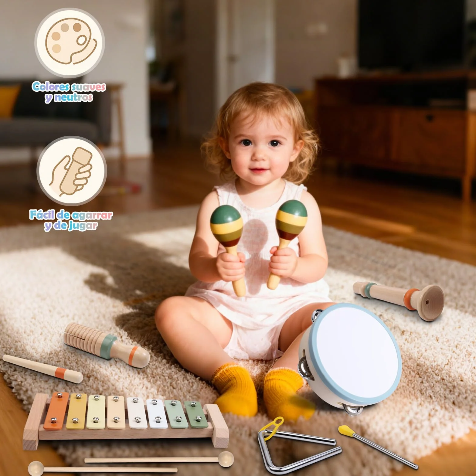 Instrumentos Musicales de Madera para Niños de 3 4 5 Años, Set Montessori de 12 Piezas con Xilófono, Pandereta, Maracas, Triángulo y Güiro, Percusión Infantil