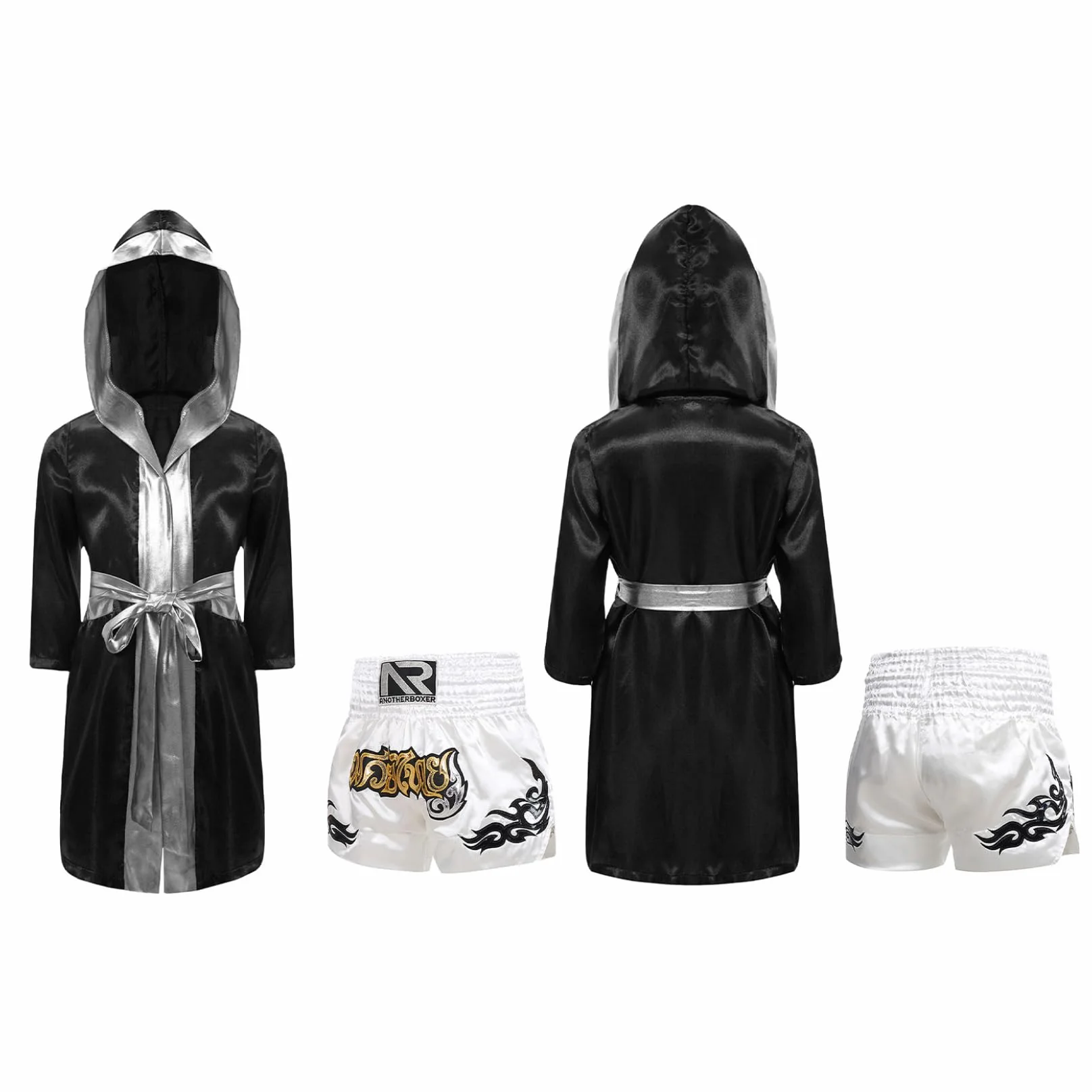 Conjunto de pantalones cortos de boxeo para niño, bata de entrenamiento boxing MMA Muay Thai 5-16 años Negro Plata Blanco
