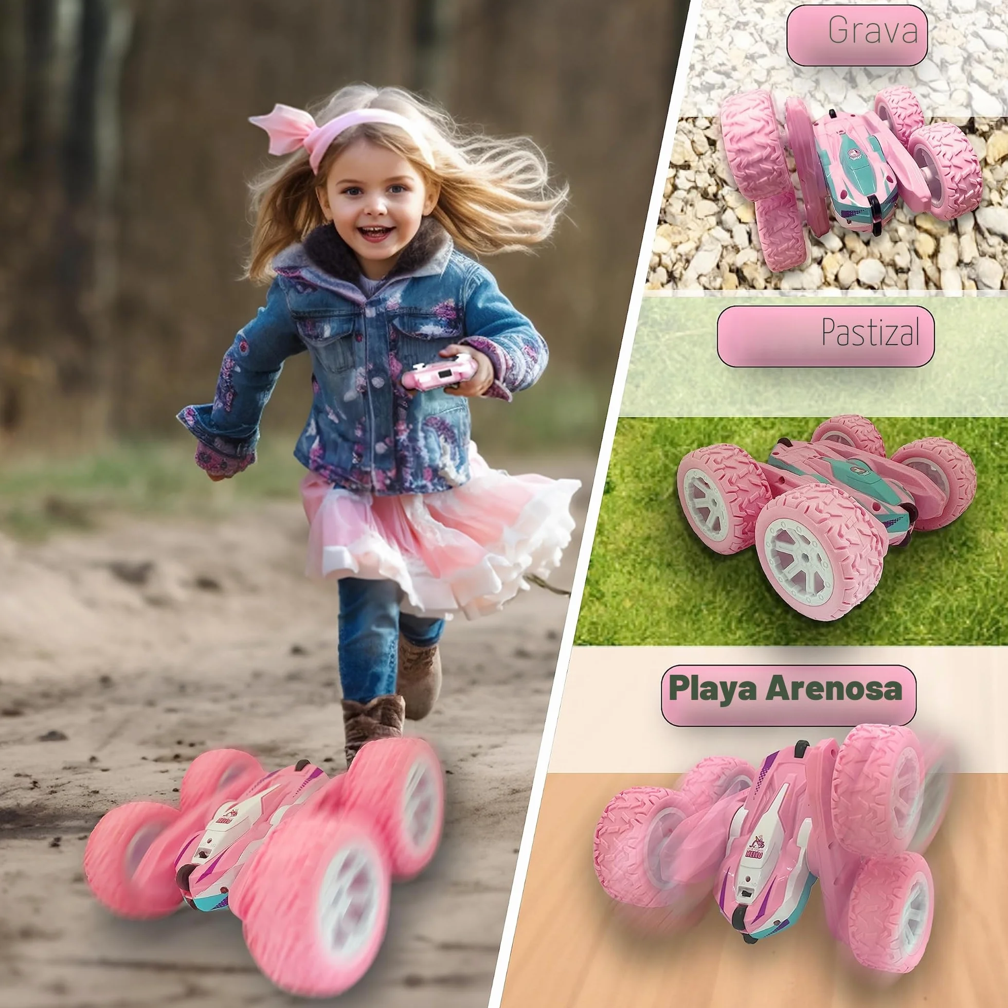 Coche Teledirigido 4WD Unicornio RC 2.4GHz 2 Baterias Rotación 360° Luz para Niños 3-10 años