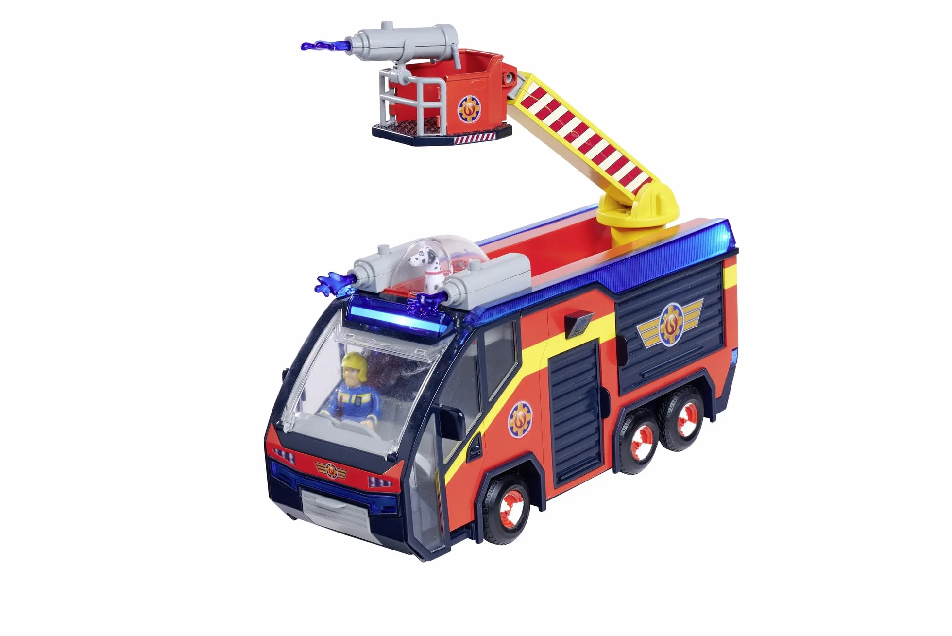 Simba 109252595 Figura de Júpiter Bombero, camión de Bomberos, Sam y Radar, Efectos de luz, Sirena, Escalera giratoria, Flechas de Agua, Plataforma para Quad, 32 cm, Accesorios, a Partir de 3 años