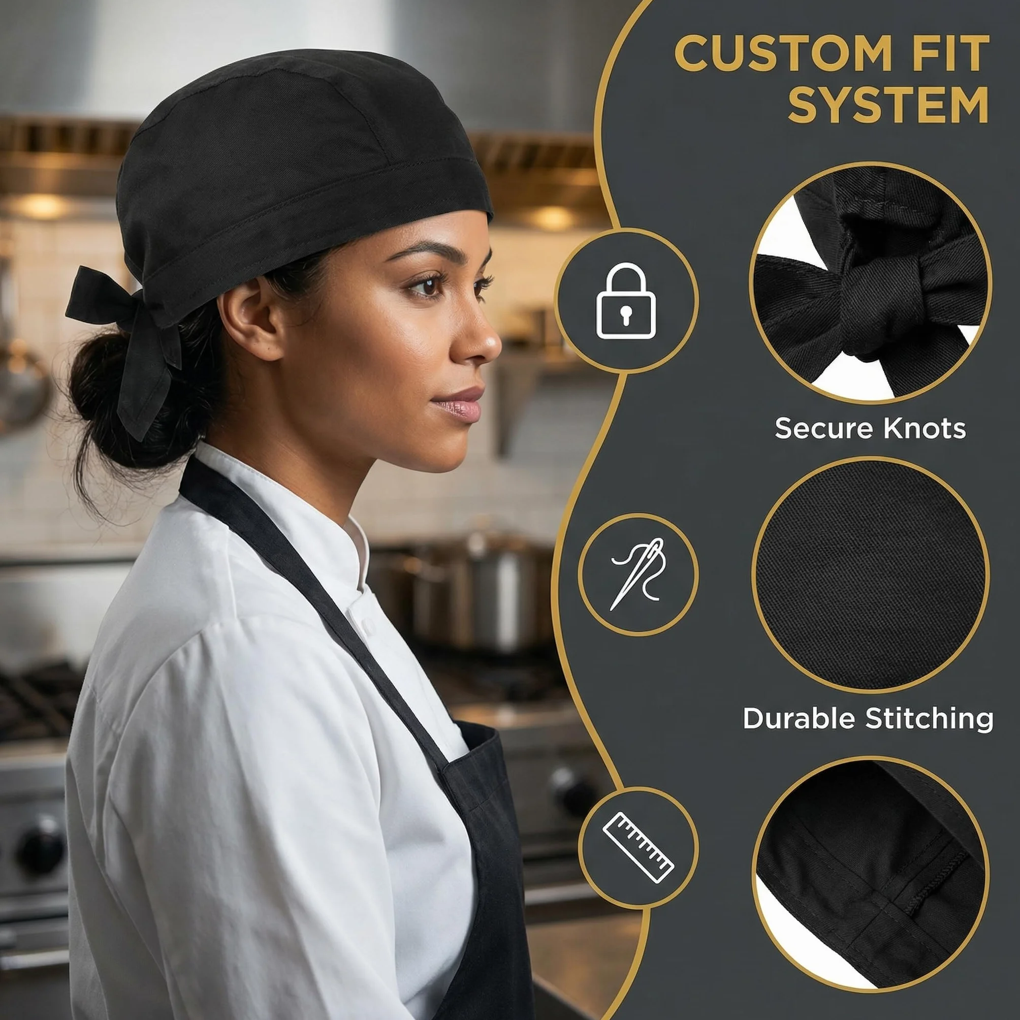 Gorros Cocinero Estilo Pirata Negro, Bandana Chef Ajustable a Tiras, Gorro Cocina Transpirable Unisex