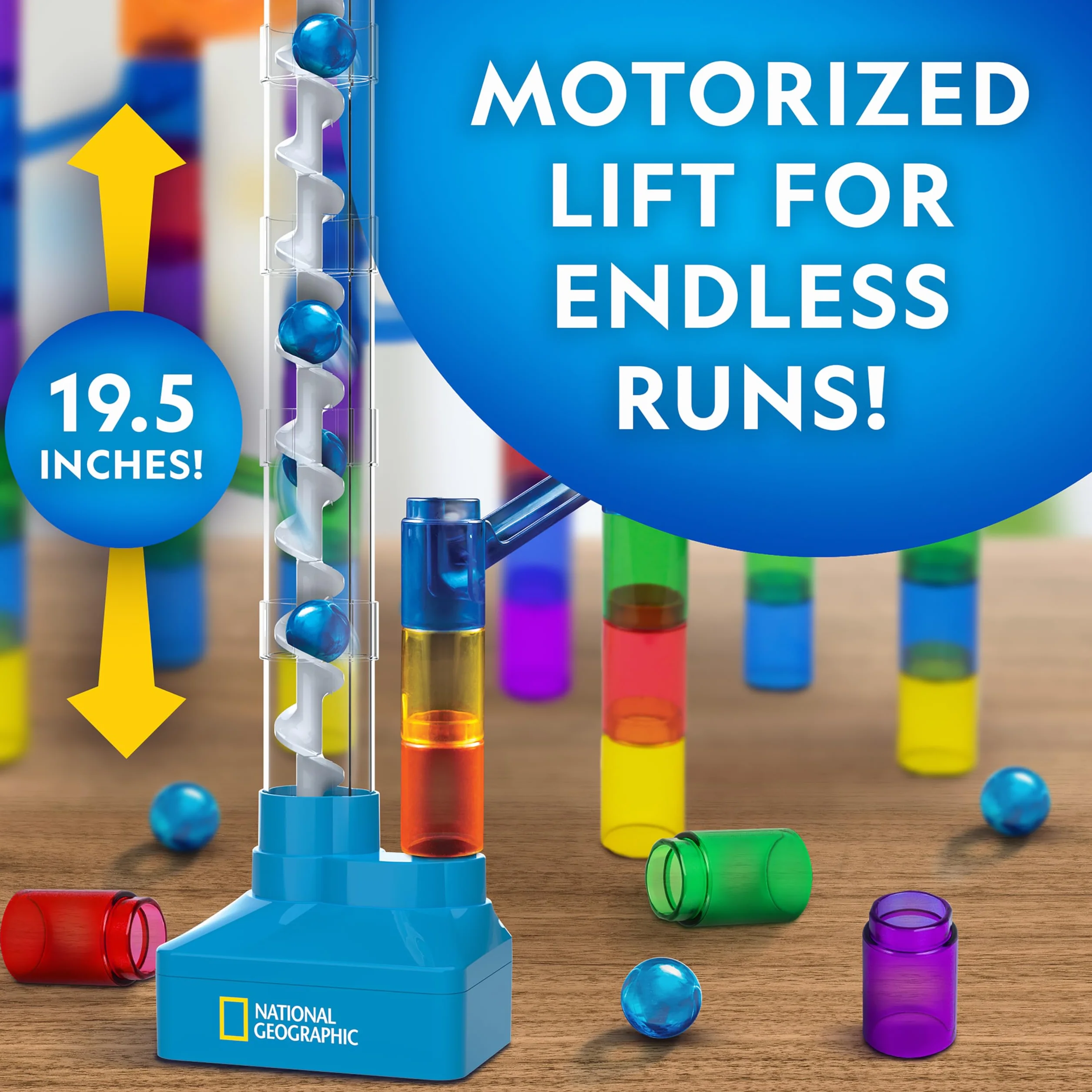 Blue Marble National Geographic Kit de Canicas con Elevador Motorizado - Set de 150 Piezas con Espiral, 30 Canicas, Bolsa de Almacenamiento, Máquina de Movimiento Perpetuo, Juego para Niños