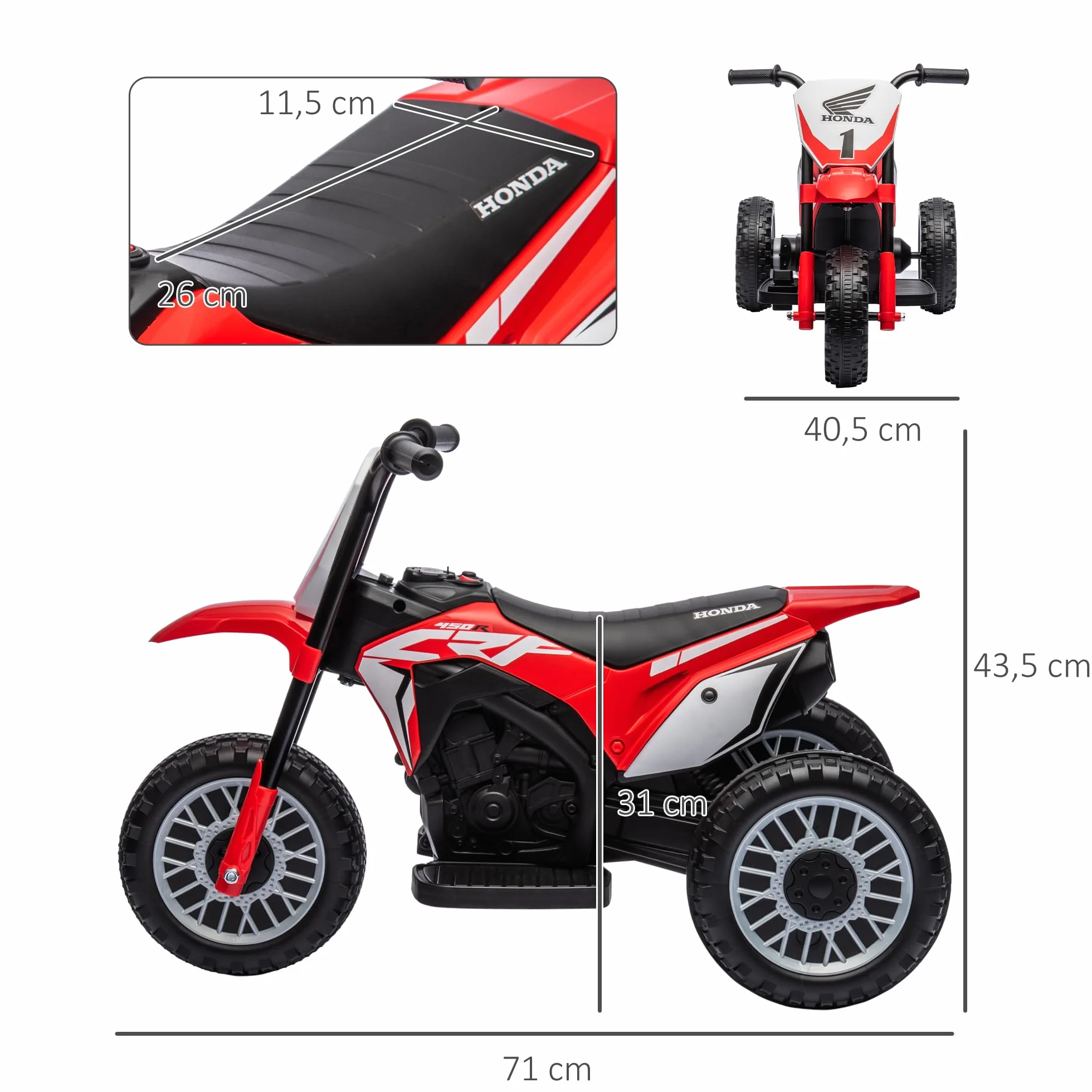 HOMCOM Moto Eléctrica con Licencia Honda CRF450RL para Niños de +18 Meses Motocicleta de Batería 6V con Velocidad 3 km/h Bocina y Sonido de Arranque Carga 25 kg 71x40,5x43,5 cm Rojo