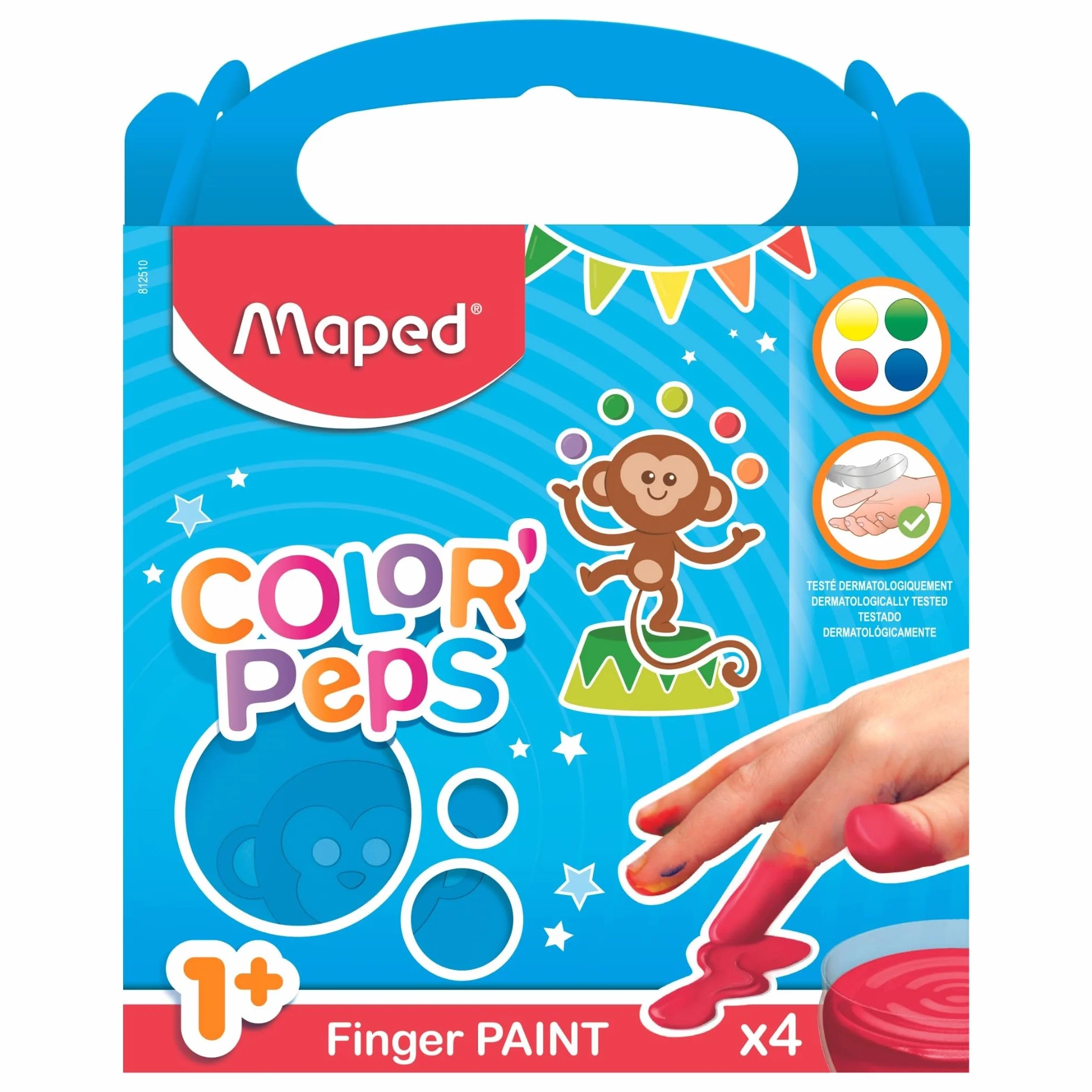 Pintura a Dedos para Niños Maped Color’Peps, Set de 4 Colores Lavables No Tóxicos, Pintura Acrílica Segura para Bebés +1 Año, Fácil de Limpiar y Listo para Usar